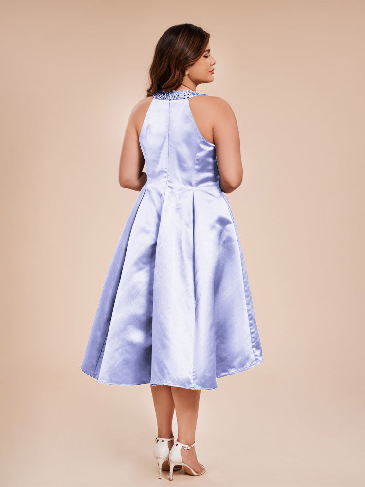 Halter Beaded Neck A Line High Low Satin Mother of the Groom Dress