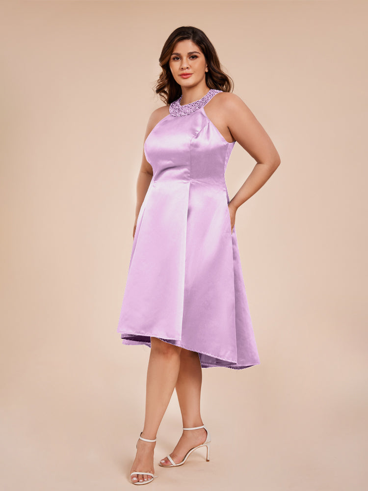 Halter Beaded Neck A Line High Low Satin Mother of the Groom Dress