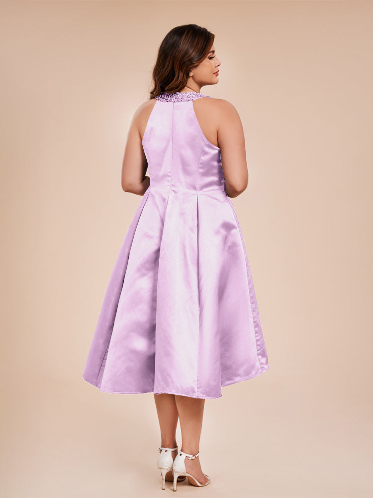 Halter Beaded Neck A Line High Low Satin Mother of the Groom Dress