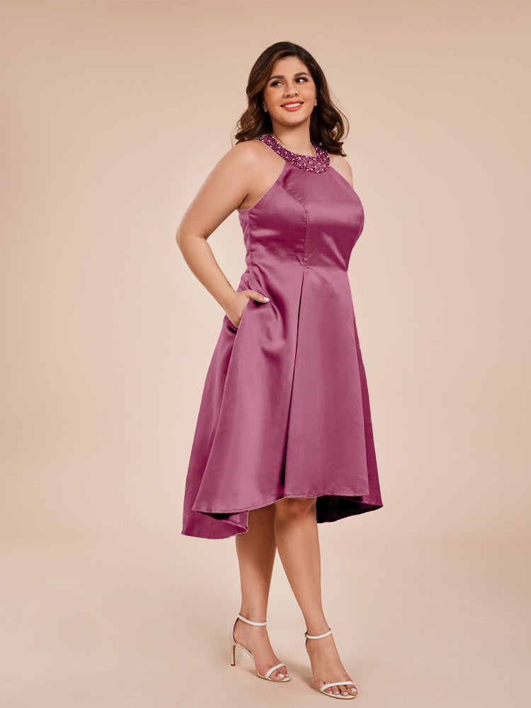 Halter Beaded Neck A Line High Low Satin Mother of the Groom Dress