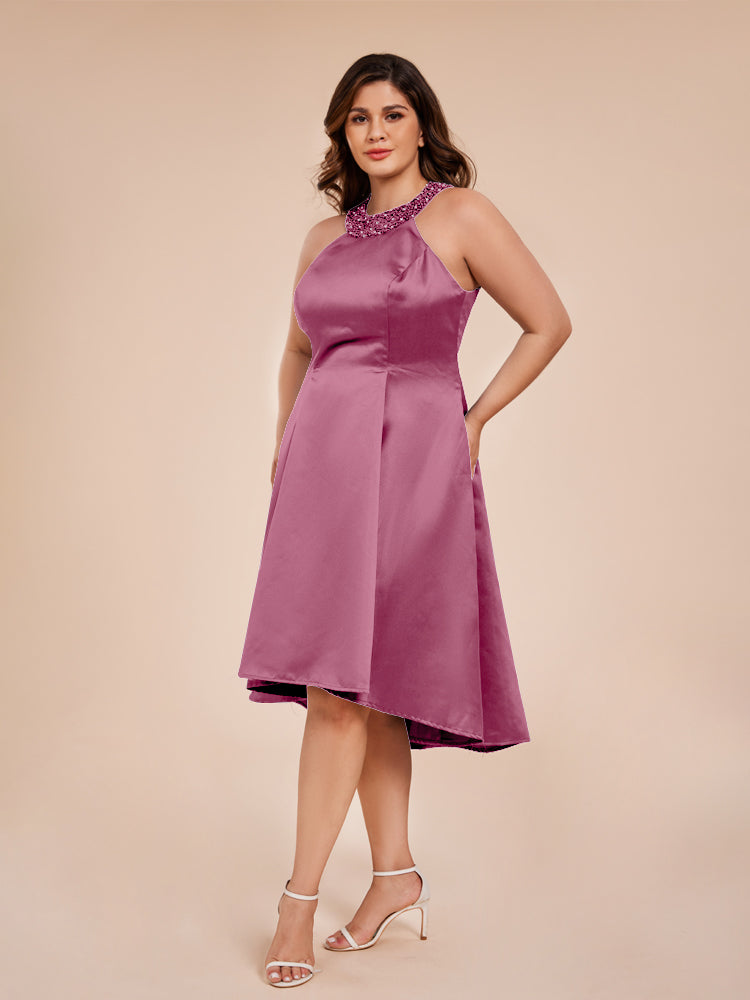 Halter Beaded Neck A Line High Low Satin Mother of the Groom Dress