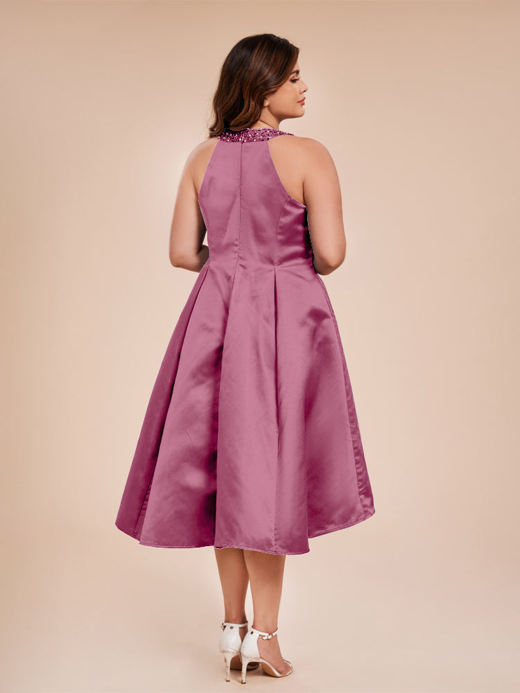 Halter Beaded Neck A Line High Low Satin Mother of the Groom Dress