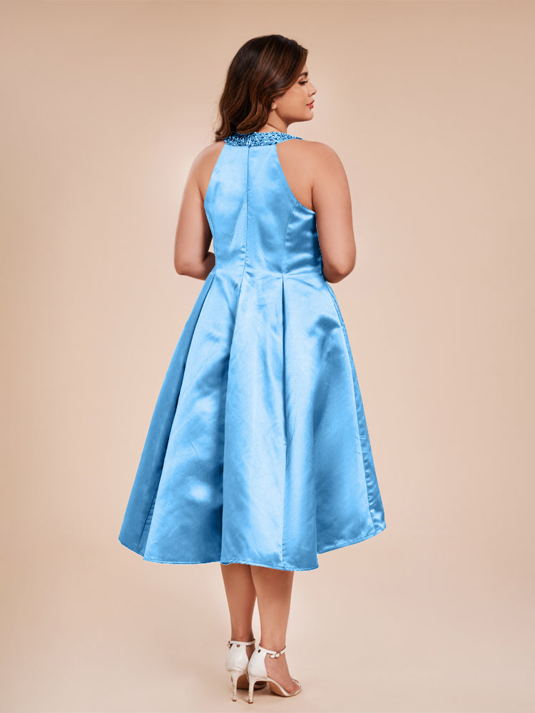 Halter Beaded Neck A Line High Low Satin Mother of the Groom Dress