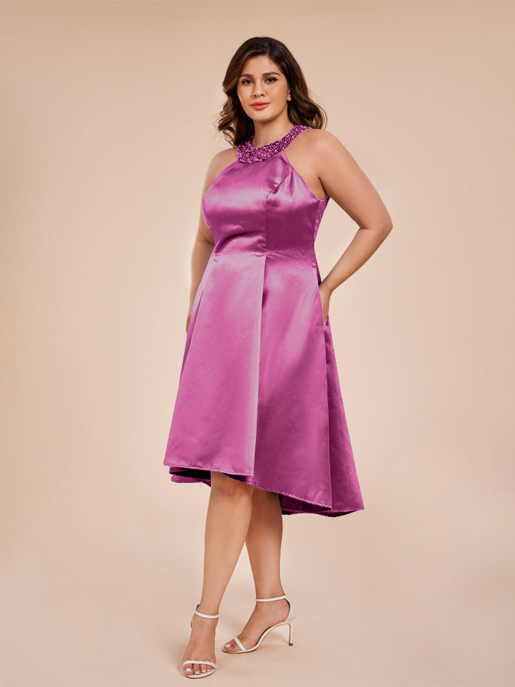 Halter Beaded Neck A Line High Low Satin Mother of the Groom Dress