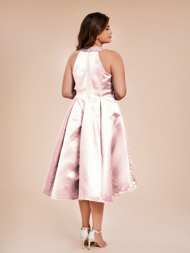 Halter Beaded Neck A Line High Low Satin Mother of the Groom Dress