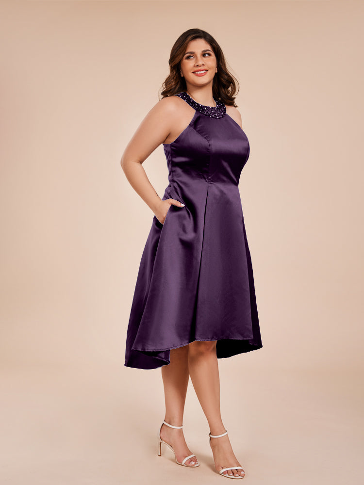 Halter Beaded Neck A Line High Low Satin Mother of the Groom Dress