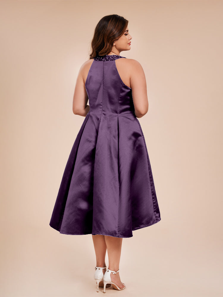 Halter Beaded Neck A Line High Low Satin Mother of the Groom Dress