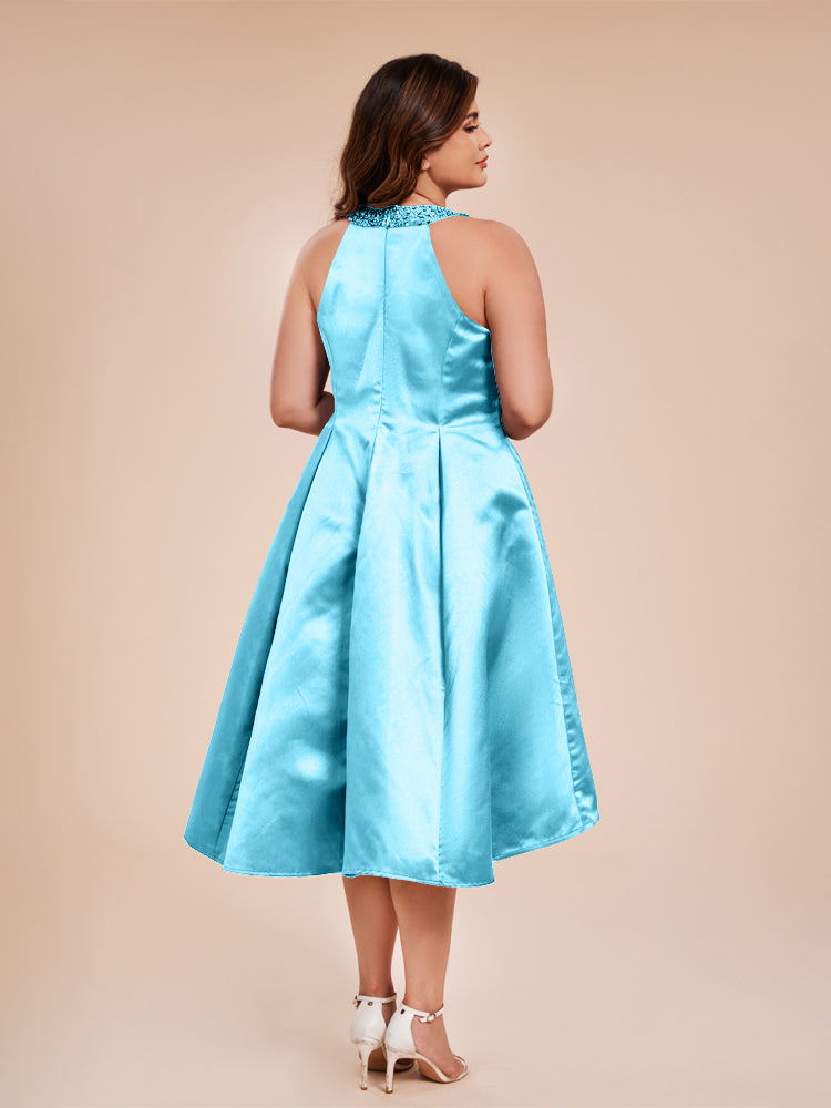 Halter Beaded Neck A Line High Low Satin Mother of the Groom Dress