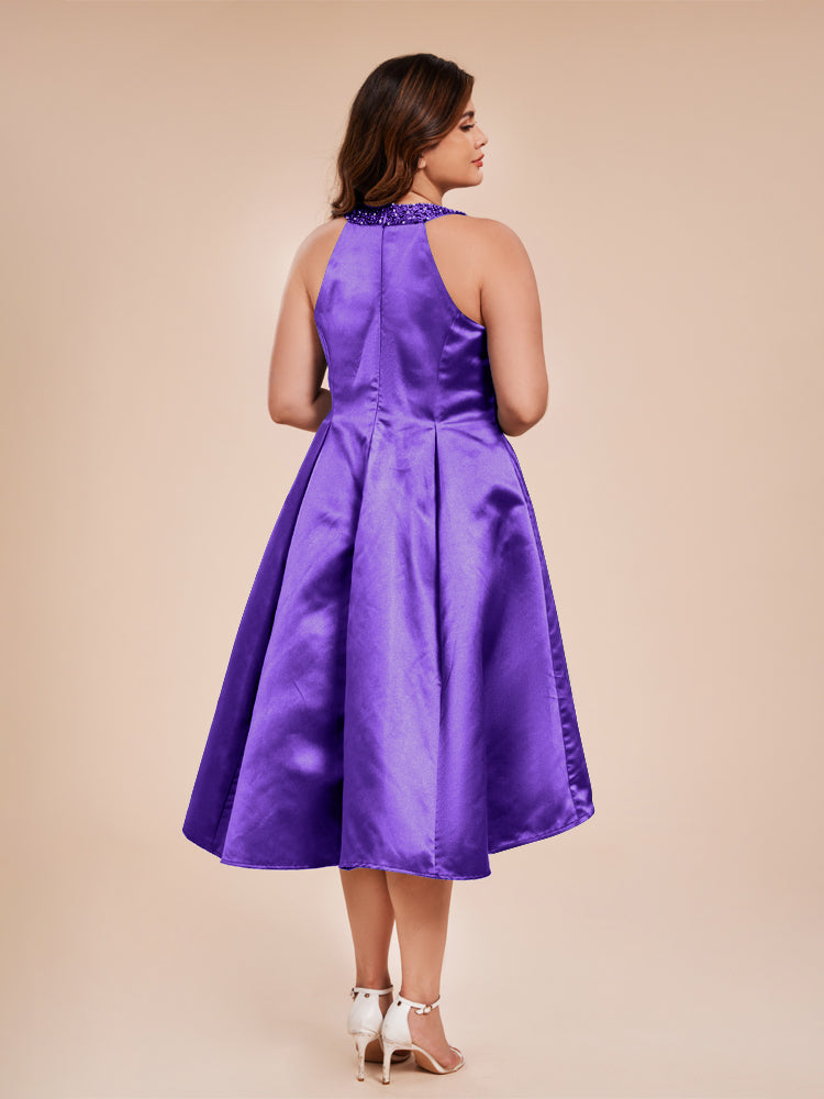 Halter Beaded Neck A Line High Low Satin Mother of the Groom Dress