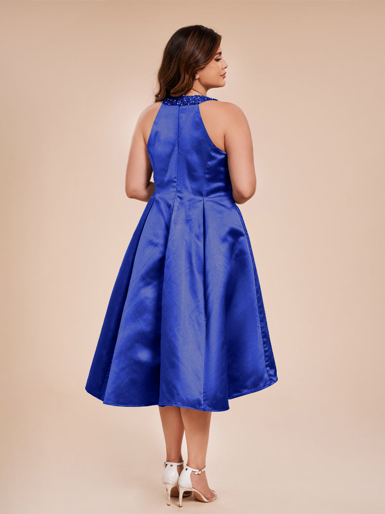Halter Beaded Neck A Line High Low Satin Mother of the Groom Dress
