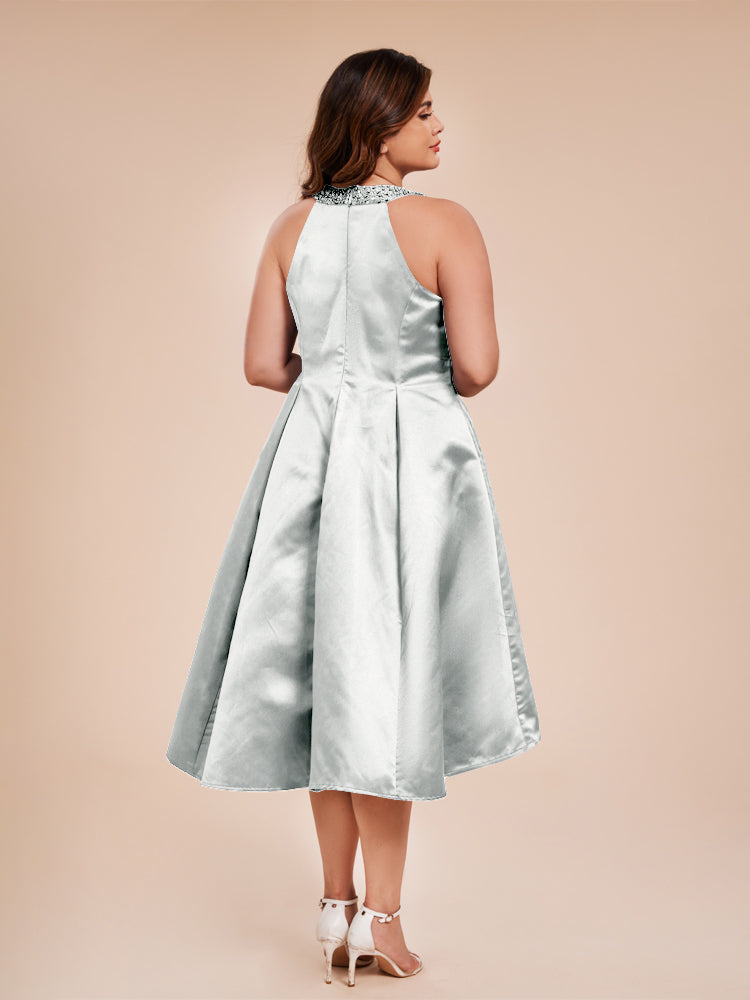 Halter Beaded Neck A Line High Low Satin Mother of the Groom Dress