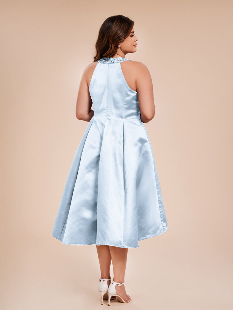 Halter Beaded Neck A Line High Low Satin Mother of the Groom Dress