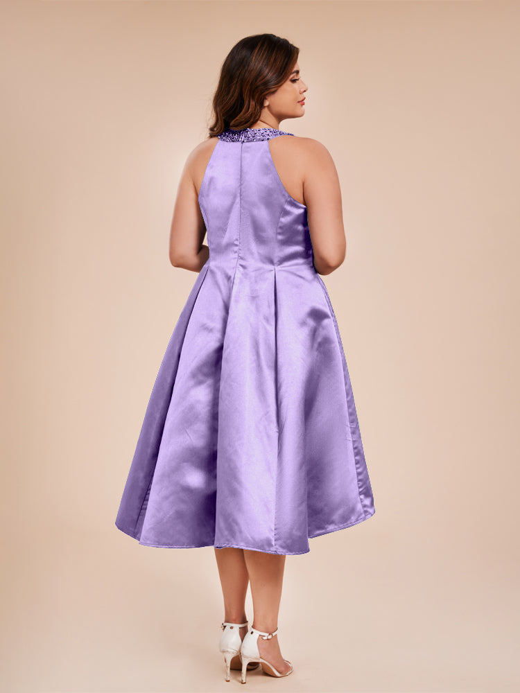 Halter Beaded Neck A Line High Low Satin Mother of the Groom Dress