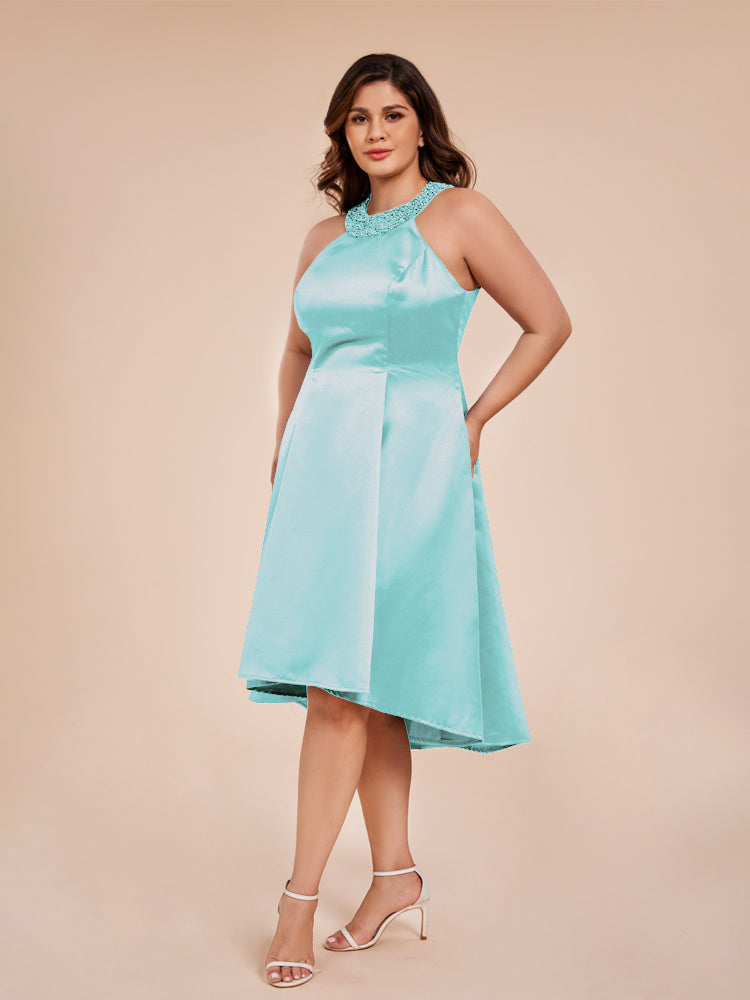 Halter Beaded Neck A Line High Low Satin Mother of the Groom Dress