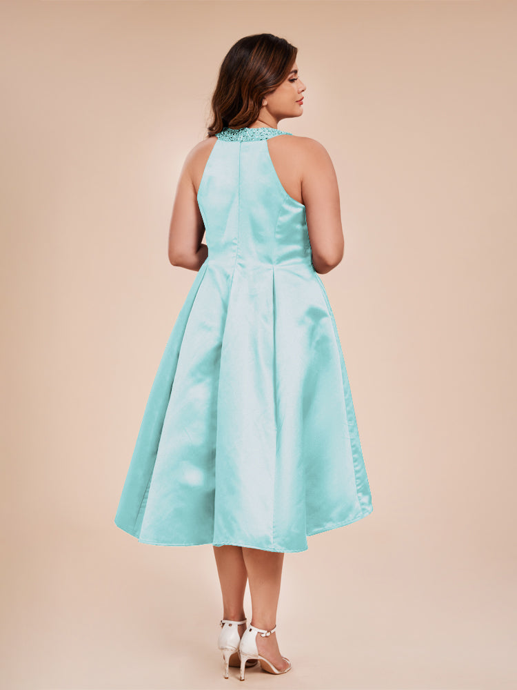 Halter Beaded Neck A Line High Low Satin Mother of the Groom Dress