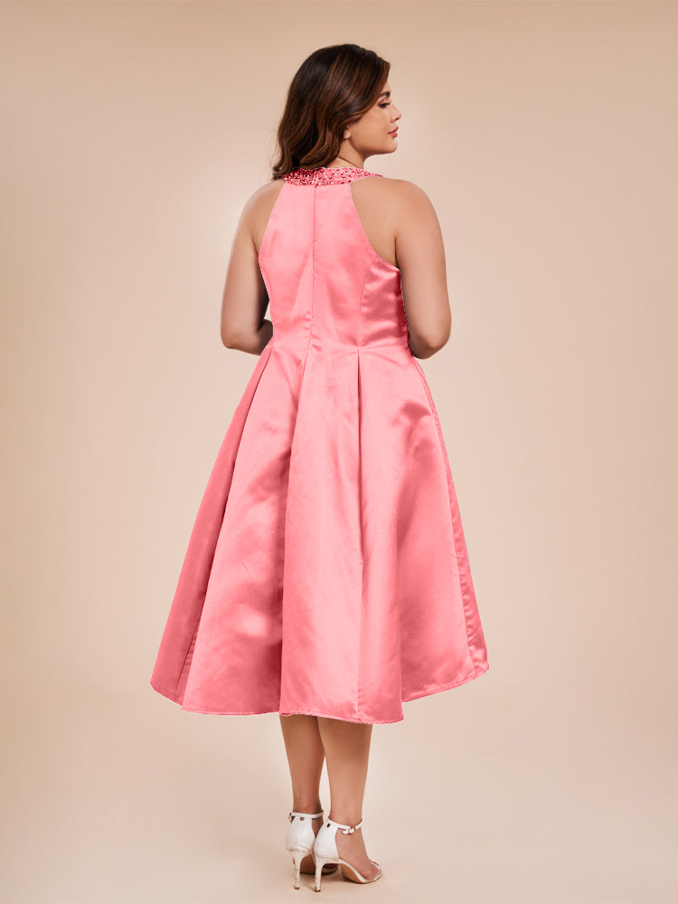 Halter Beaded Neck A Line High Low Satin Mother of the Groom Dress