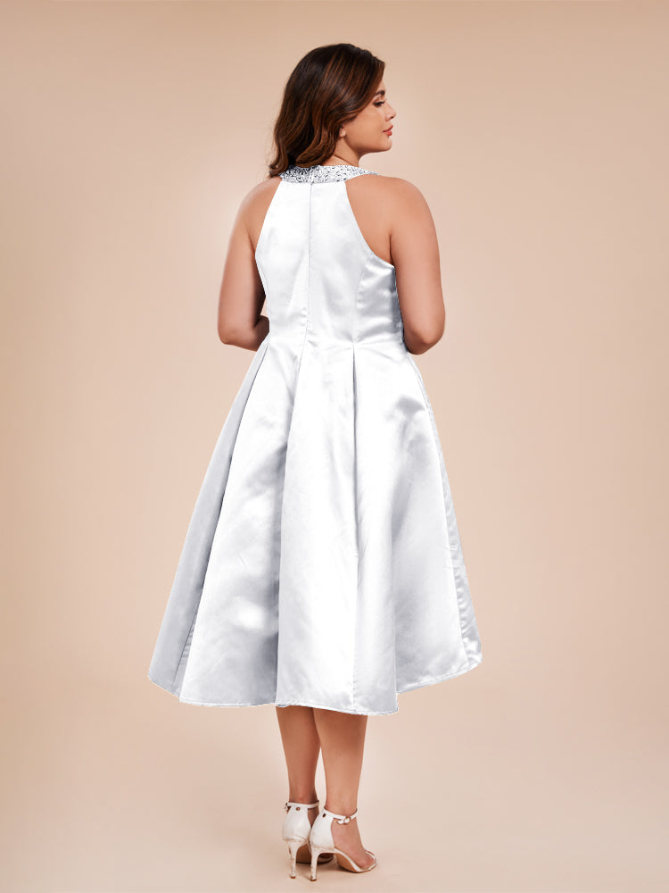 Halter Beaded Neck A Line High Low Satin Mother of the Groom Dress