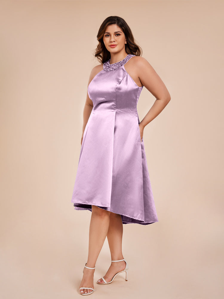 Halter Beaded Neck A Line High Low Satin Mother of the Groom Dress