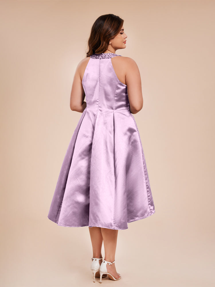Halter Beaded Neck A Line High Low Satin Mother of the Groom Dress