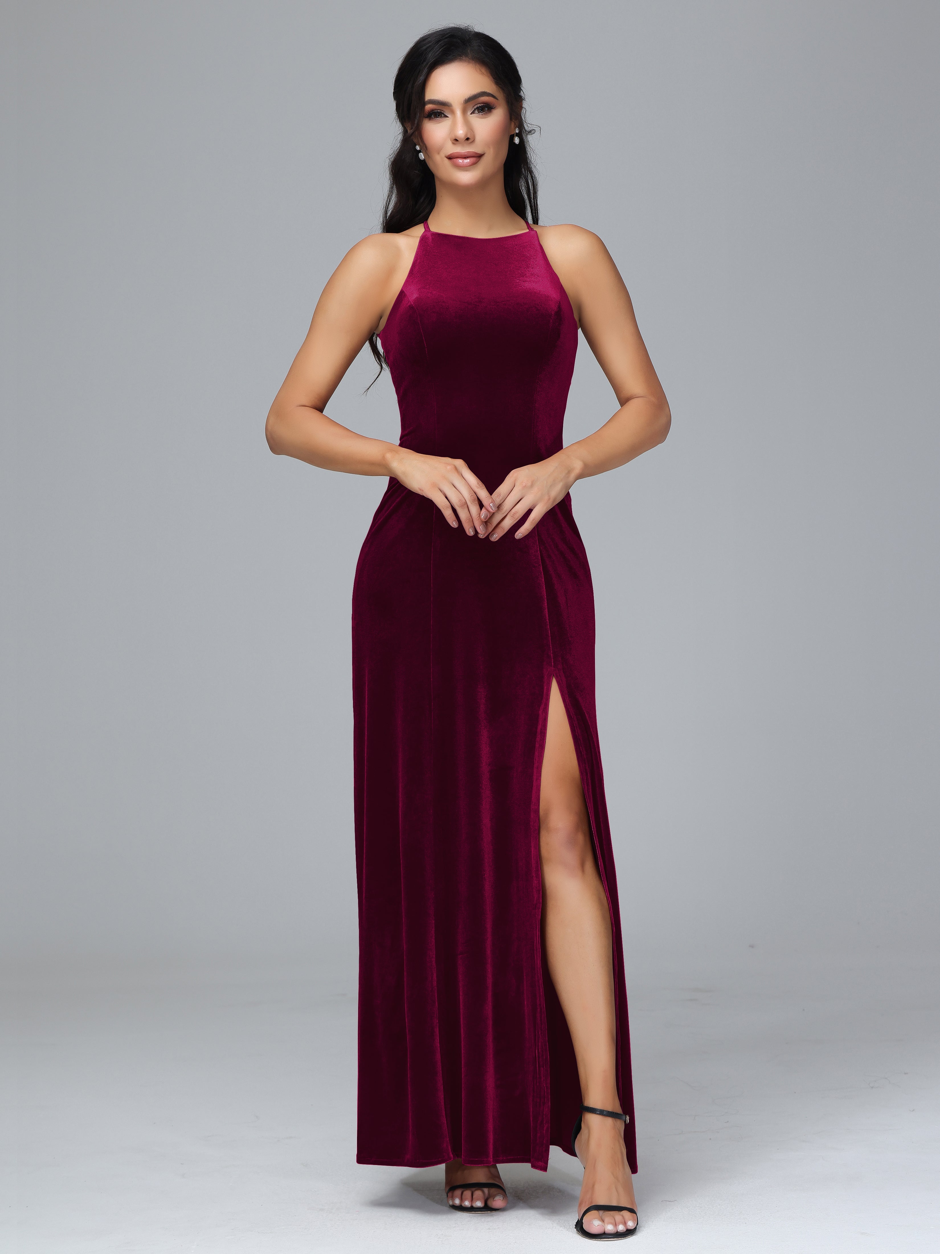 burgundy halter bridesmaid dress KissProm