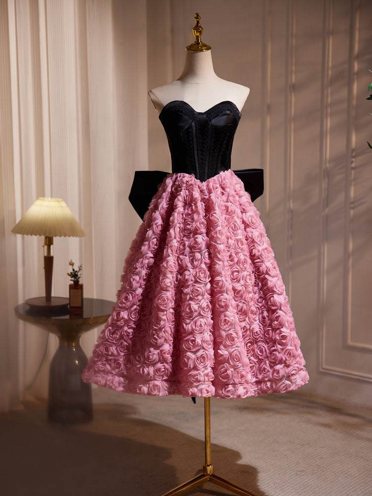 Hepburn Style Black Pink Midi Long Bow Tie Flower Prom Dresses Hepburn Style Black Pink Midi Long Bow Tie Flower Prom Dresses
