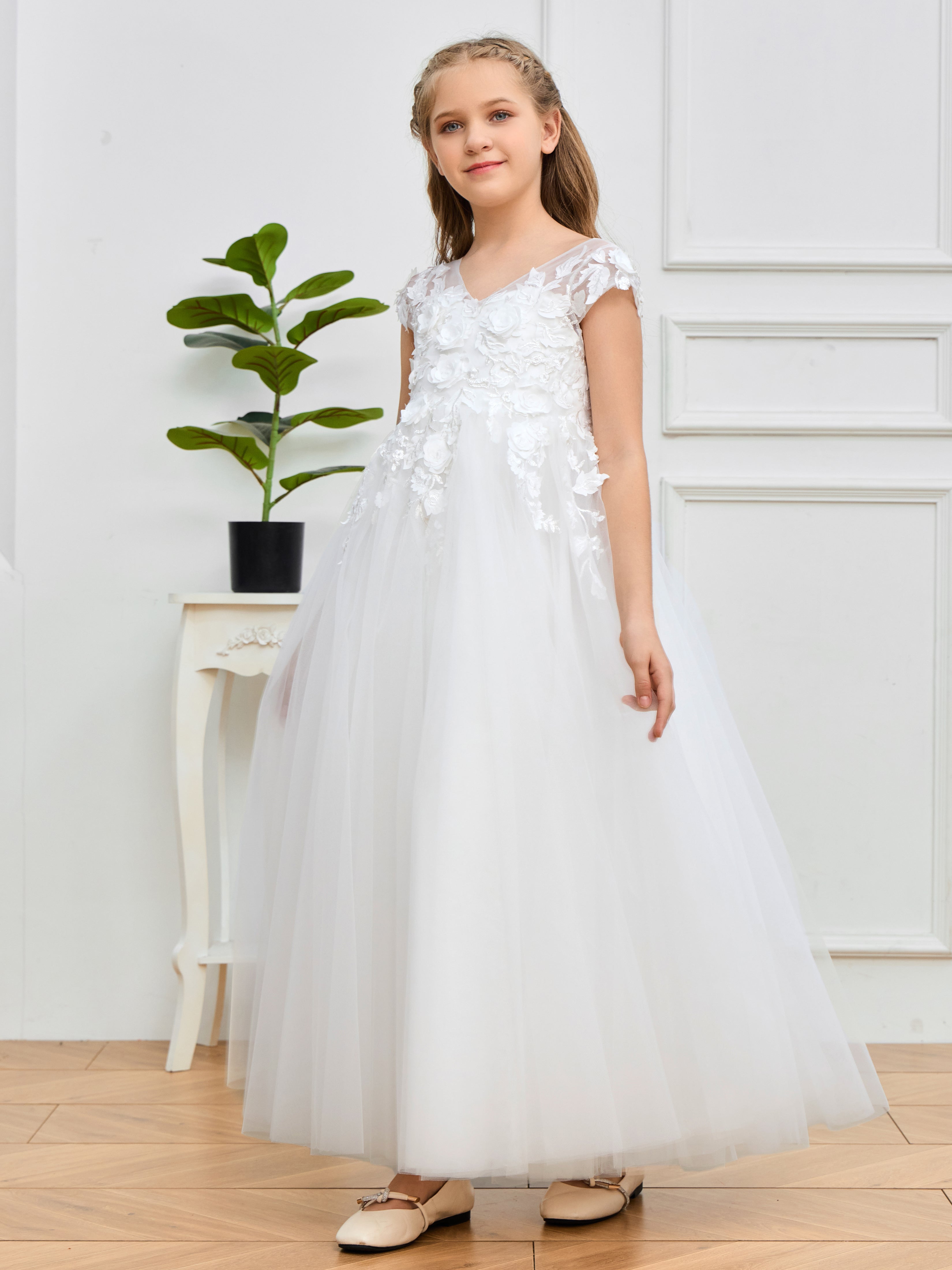 Cap Sleeves Lace Appliques Tulle Flower Girl Dress