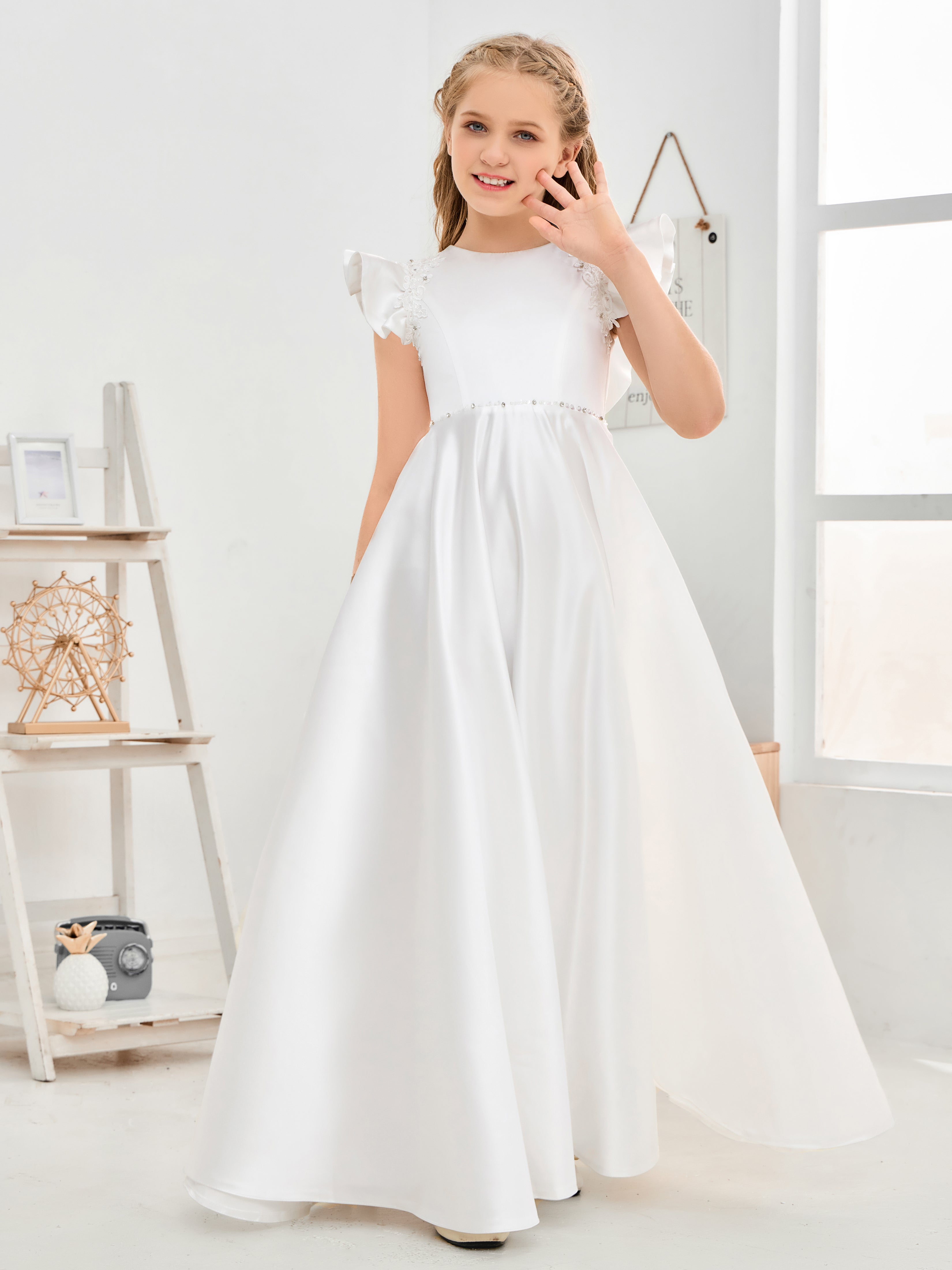 Ruffle Sleeves Beading Satin Flower Girl Dress