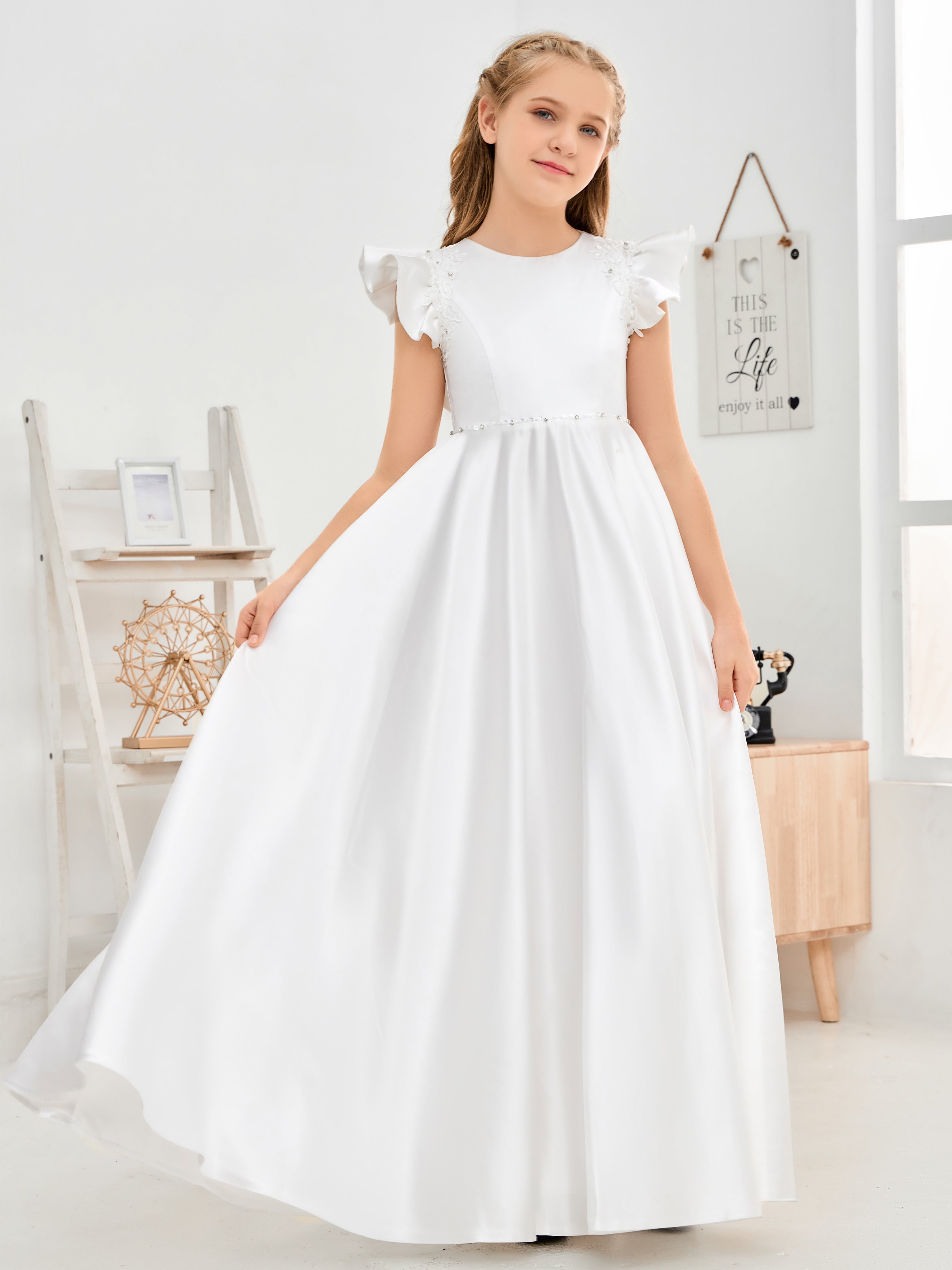 Ruffle Sleeves Beading Satin Flower Girl Dress