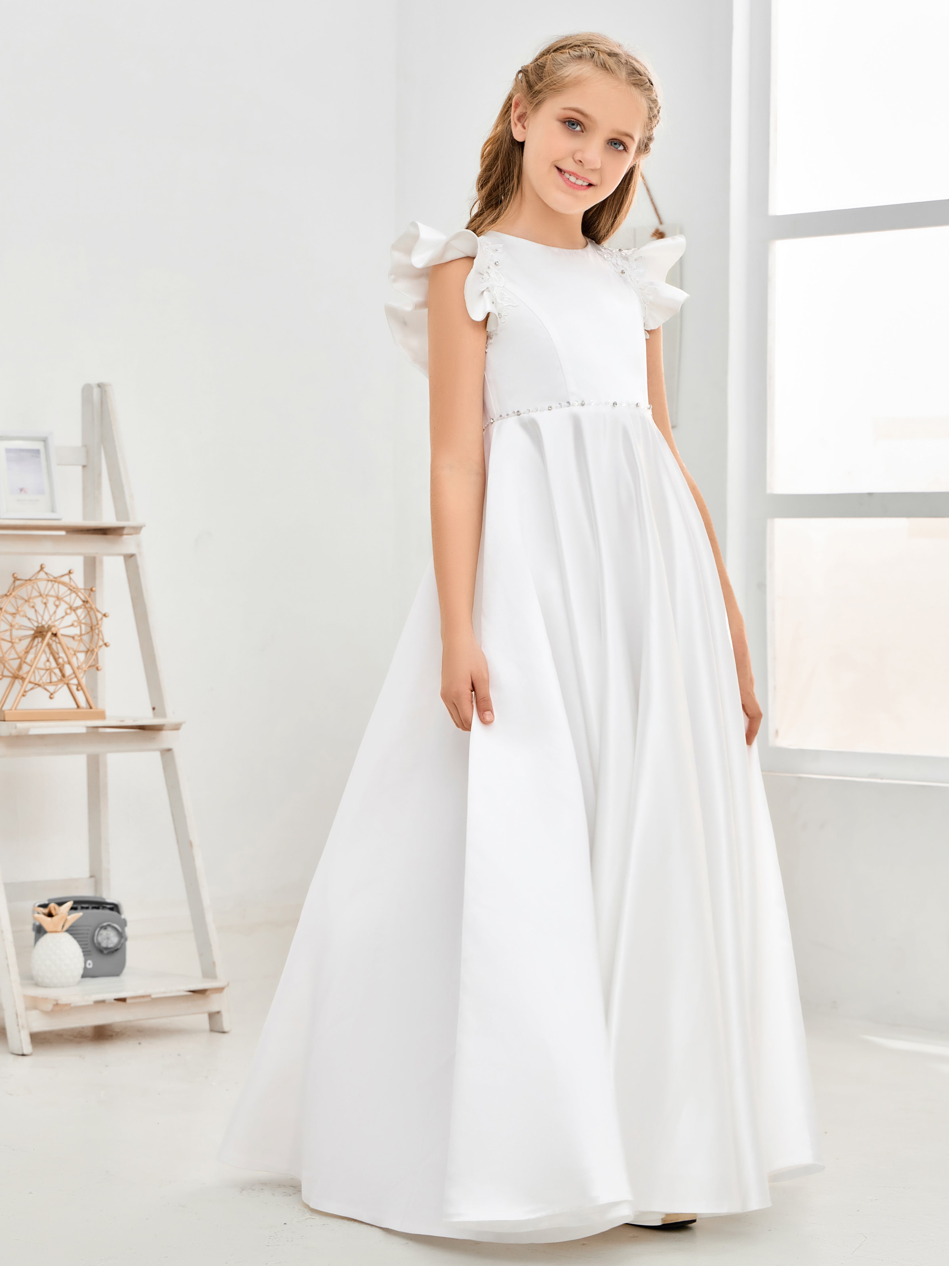 Ruffle Sleeves Beading Satin Flower Girl Dress