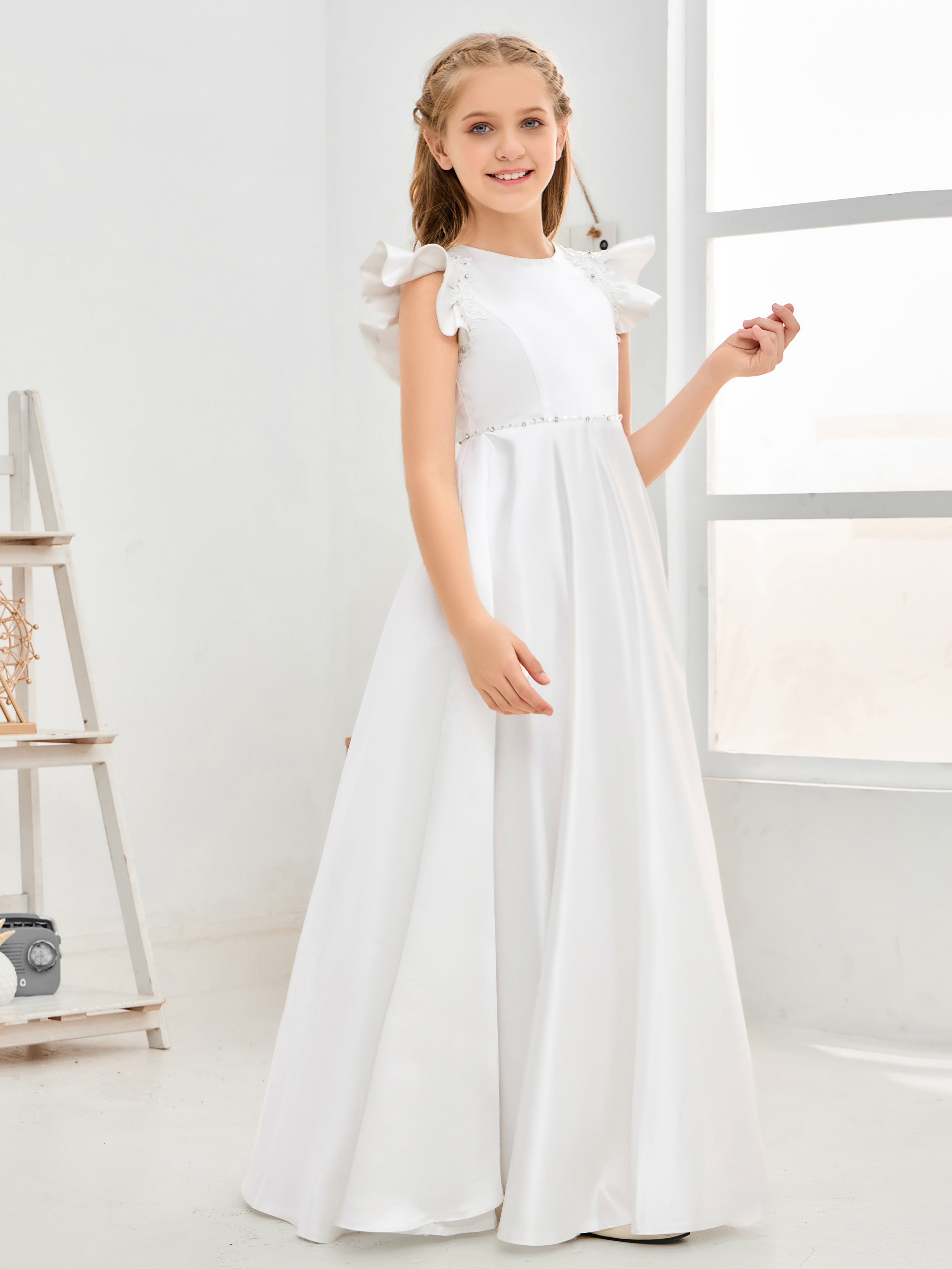 Ruffle Sleeves Beading Satin Flower Girl Dress