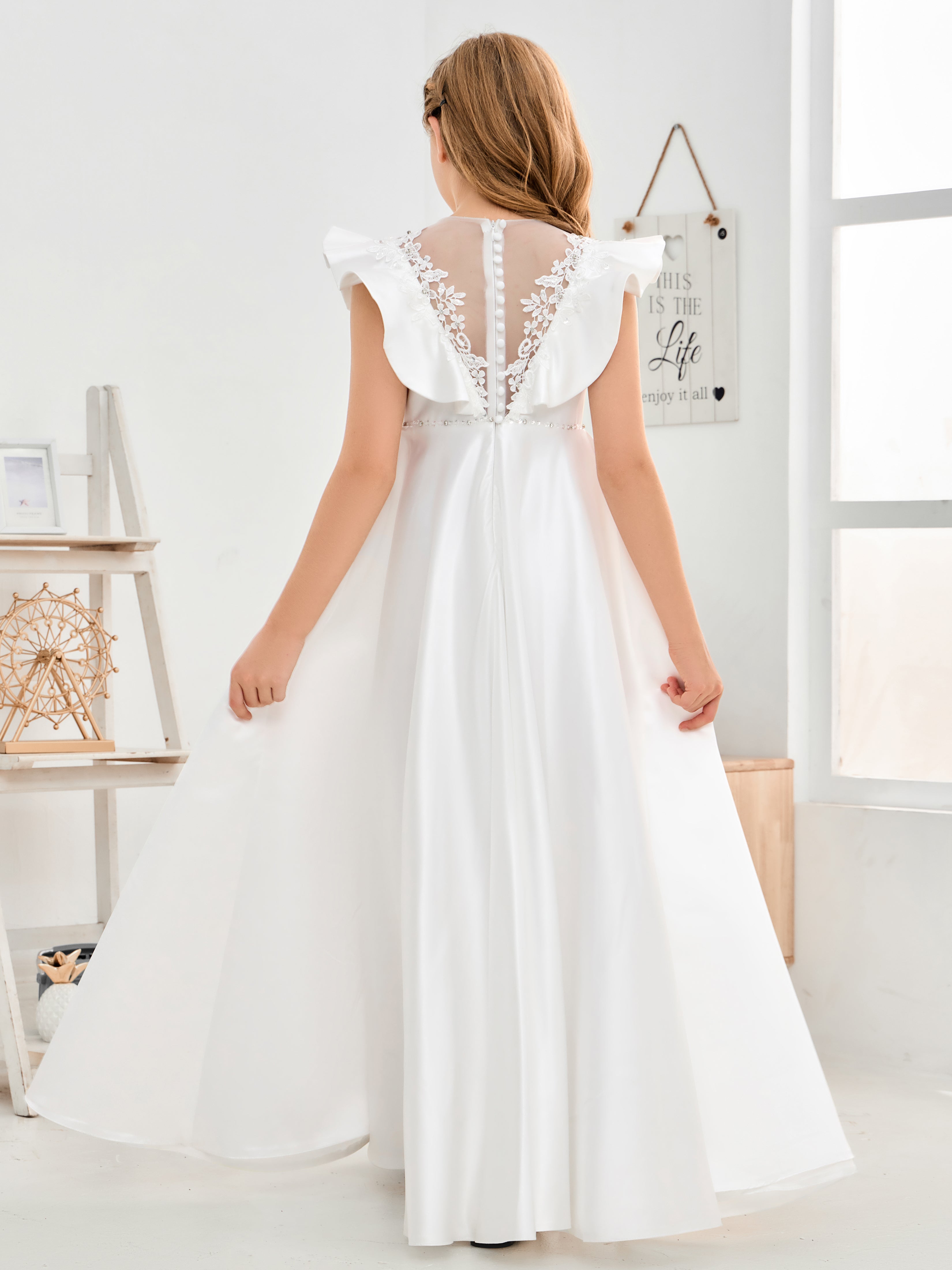 Ruffle Sleeves Beading Satin Flower Girl Dress