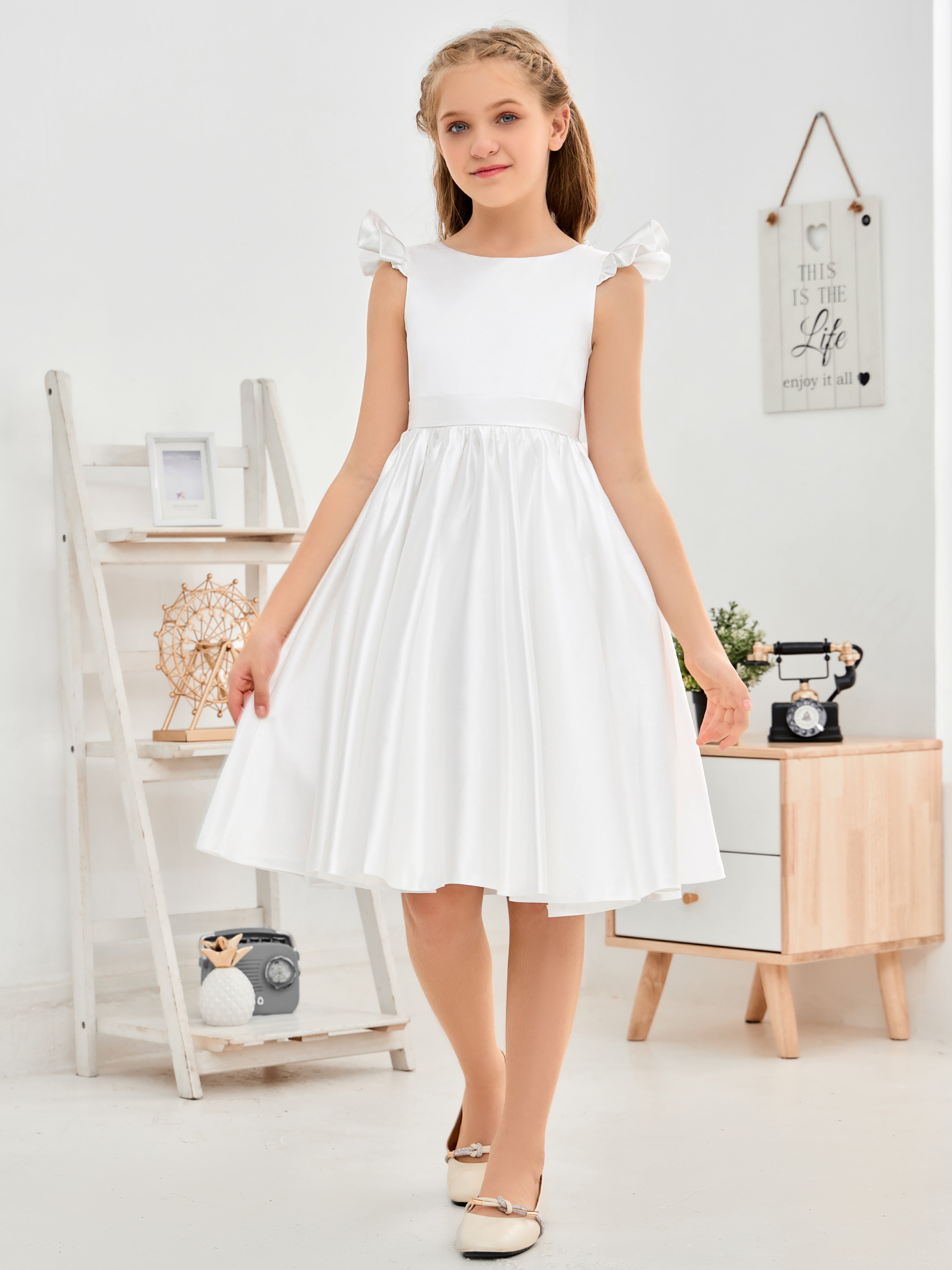 Sleeveless V Back Satin Flower Girl Dress With Bow-Knot Sleeveless V Back Satin Flower Girl Dress With Bow-Knot