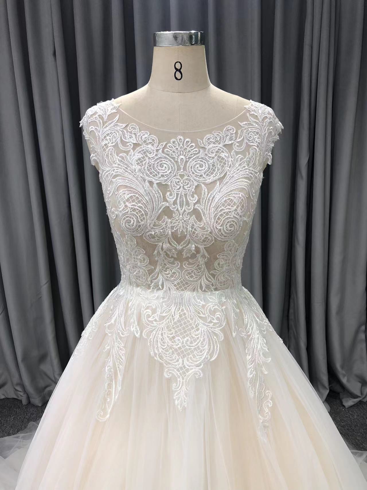 Illusion Lace Appliqued Top Tulle Skirt A-Line Wedding Dress