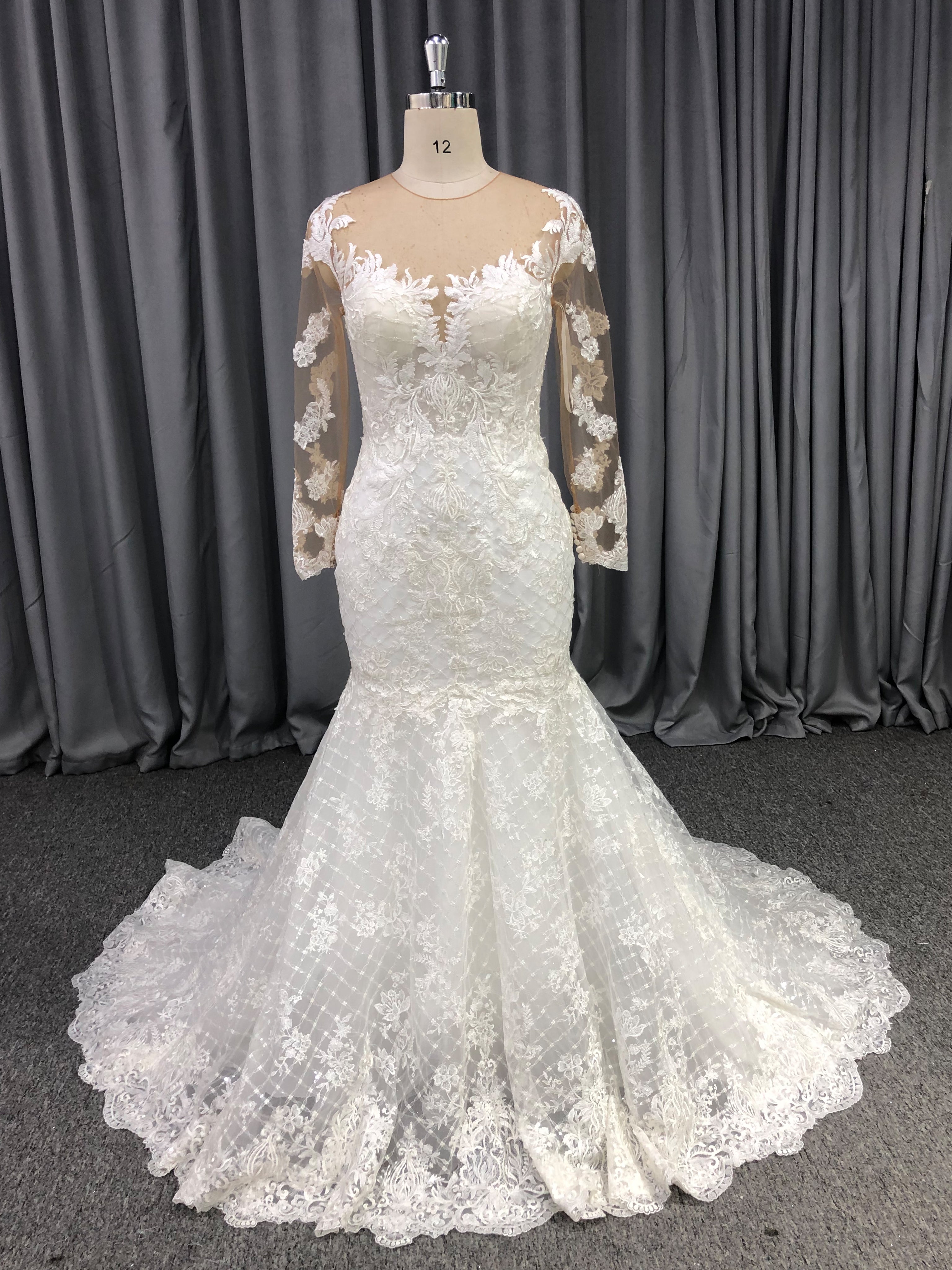Illusion Neck Long Sleeves Lace Appliqued Mermaid Wedding Gown Illusion Neck Long Sleeves Lace Appliqued Mermaid Wedding Gown
