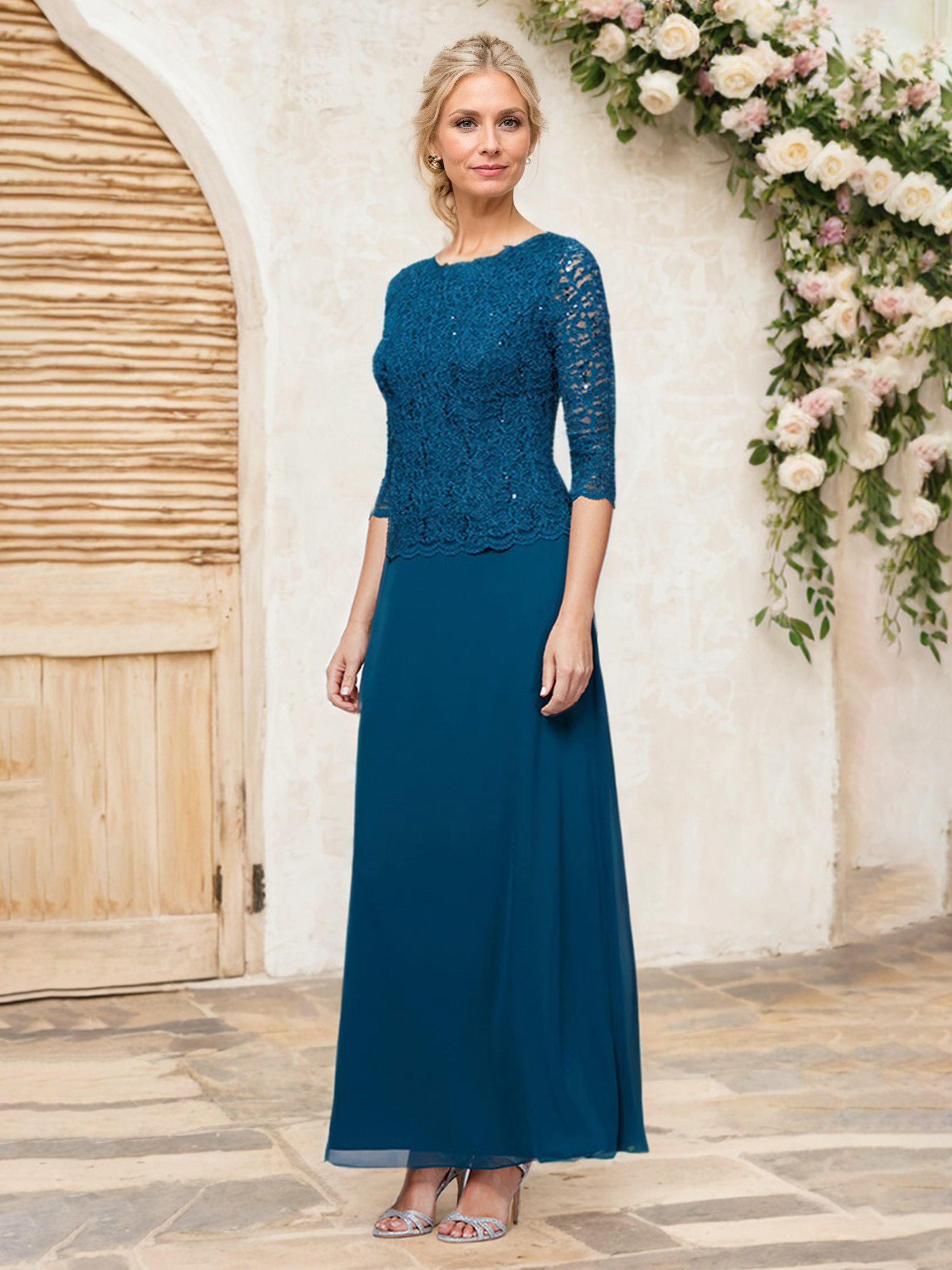 Ink Blue Mock Two-Piece Lace Bodice 3/4 Length Sleeves Chiffon Mother Of The Bride Dress Ink Blue Mock Two-Piece Lace Bodice 3/4 Length Sleeves Chiffon Mother Of The Bride Dress