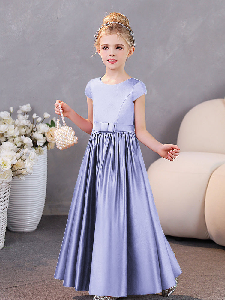 Short Sleeves Satin Junior Bridesmaid Dresses With Belt