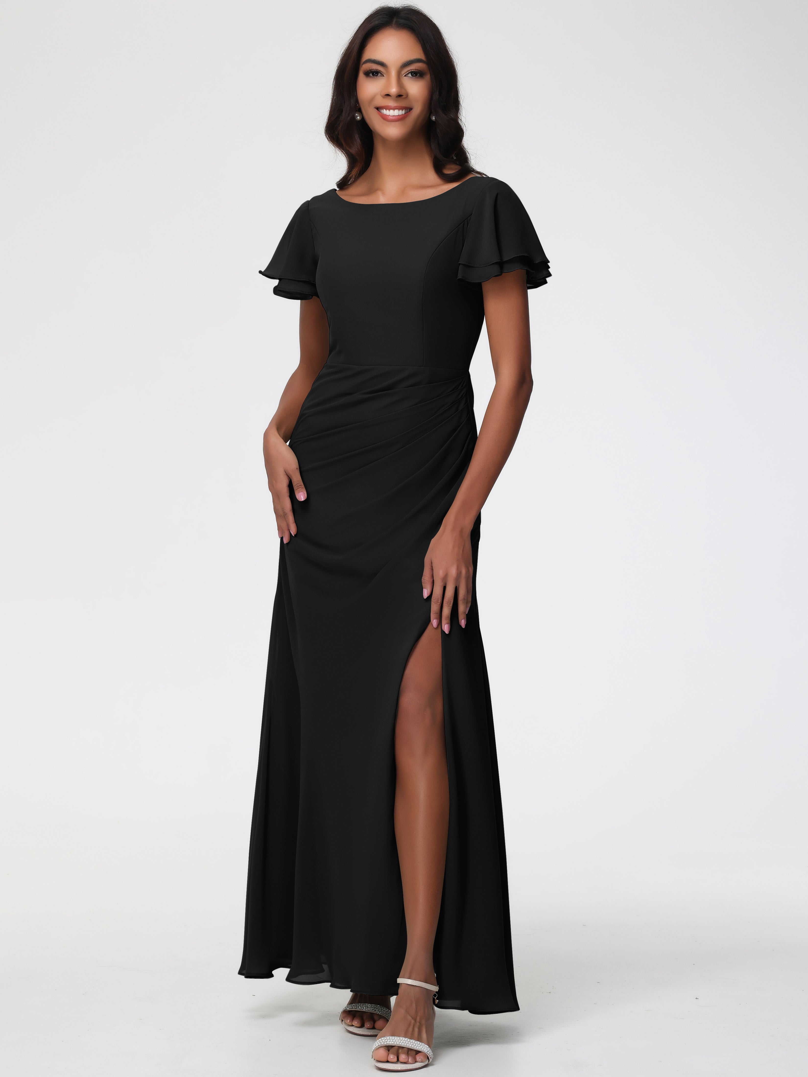 Black Bridesmaid Dress Chic Bateau Neckline Ruffle Short Sleeves Sheat