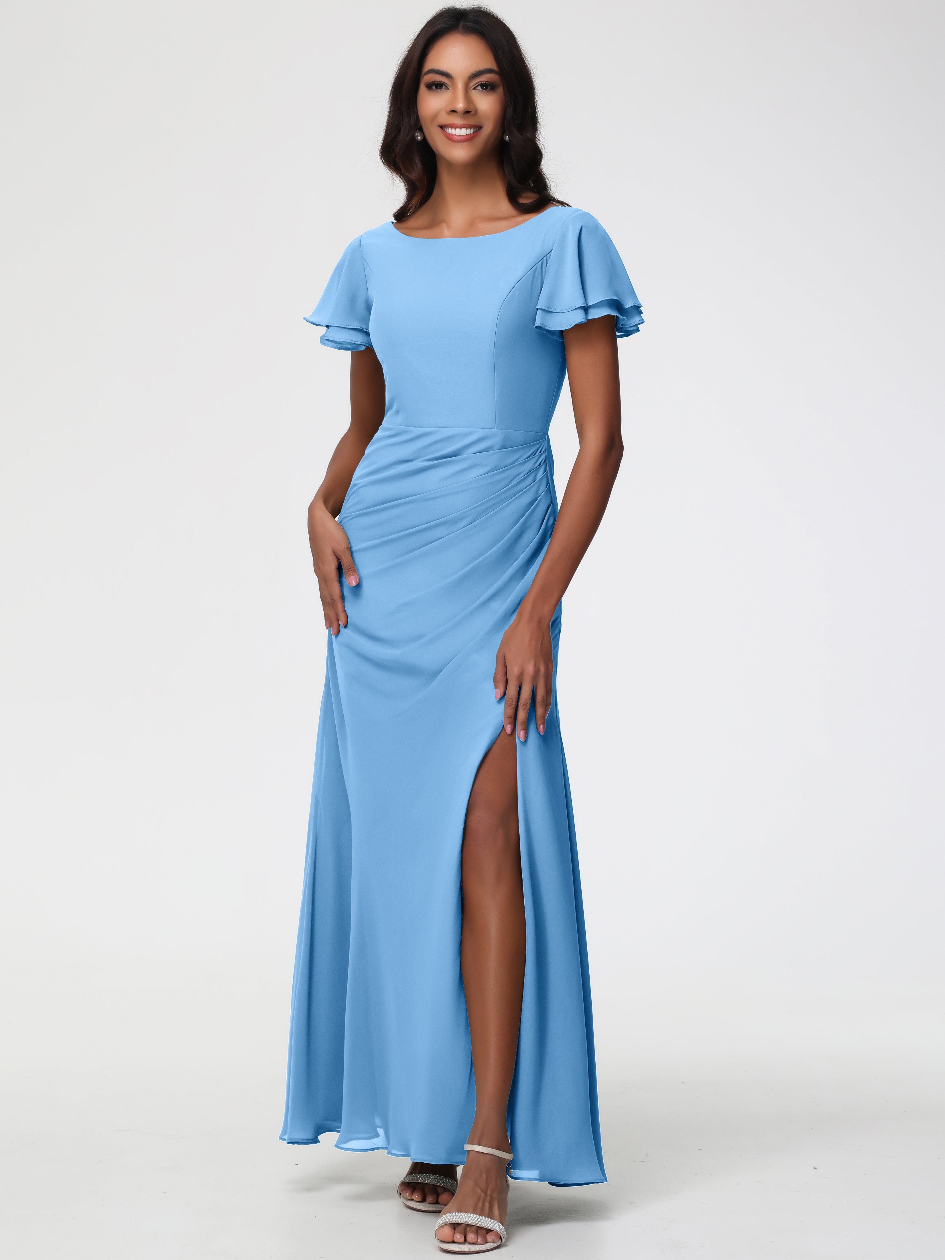 Bridesmaid Dresses Blue Chic Bateau Neckline Ruffle Short Sleeves Sheath/Column Chiffon Bridesmaid Dress with Slit Bridesmaid Dresses Blue Chic Bateau Neckline Ruffle Short Sleeves Sheath/Column Chiffon Bridesmaid Dress with Slit