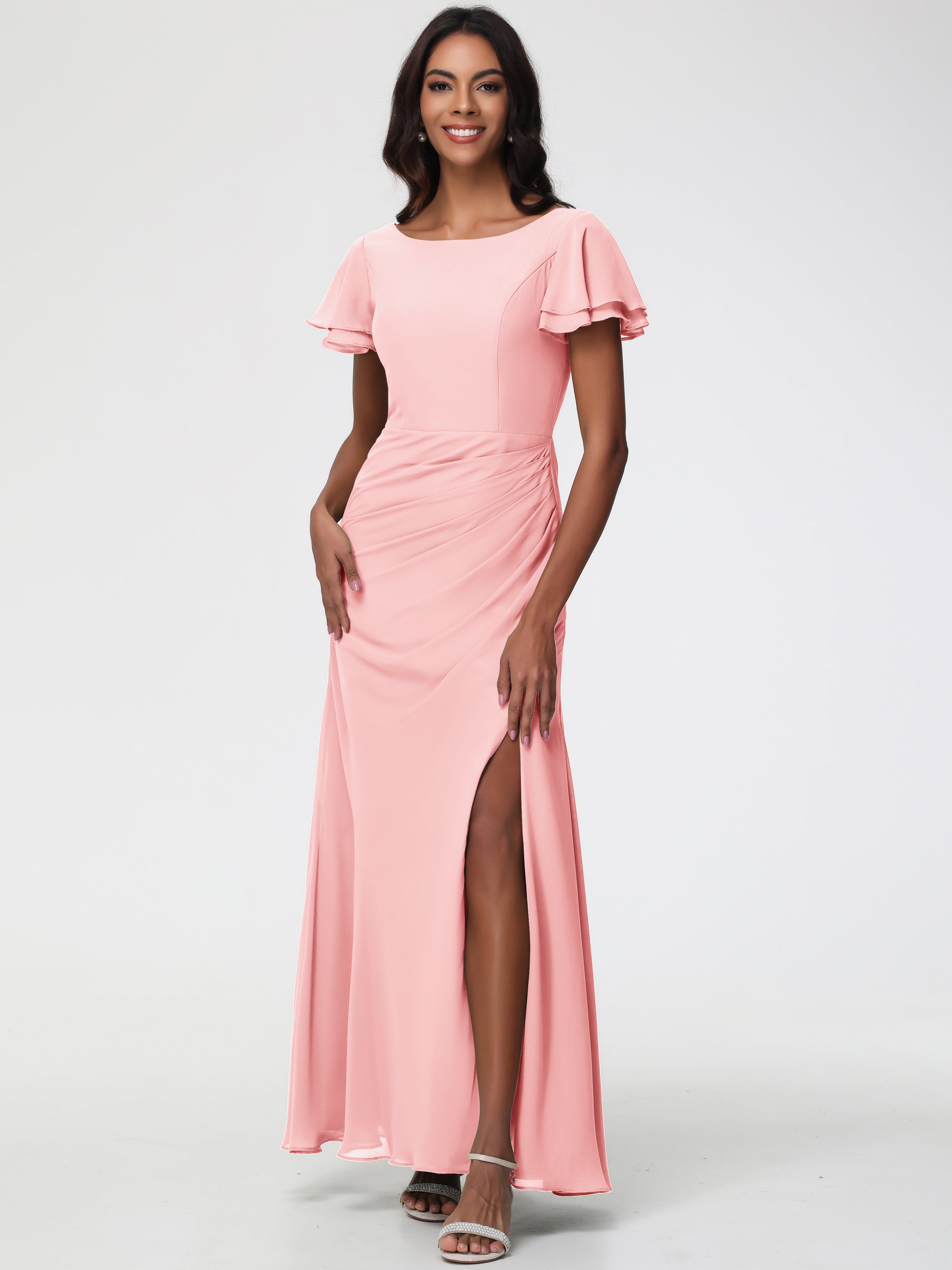 Blush Bridesmaid Dresses Chic Bateau Neckline Ruffle Short Sleeves Sheath/Column Chiffon Bridesmaid Dress with Slit Blush Bridesmaid Dresses Chic Bateau Neckline Ruffle Short Sleeves Sheath/Column Chiffon Bridesmaid Dress with Slit