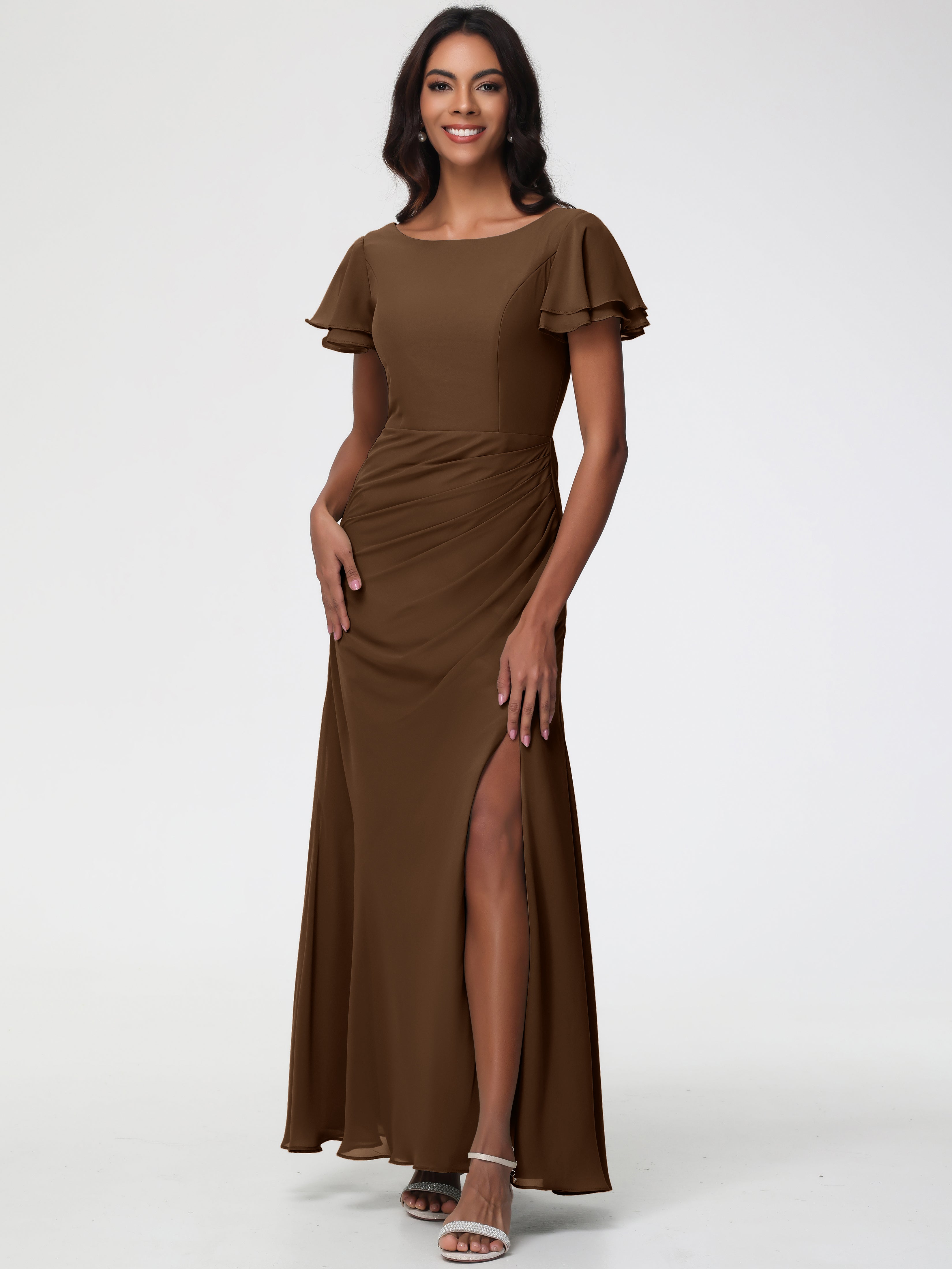 Brown Bridesmaid Dress Chic Bateau Neckline Ruffle Short Sleeves Sheath/Column Chiffon Bridesmaid Dress with Slit Brown Bridesmaid Dress Chic Bateau Neckline Ruffle Short Sleeves Sheath/Column Chiffon Bridesmaid Dress with Slit