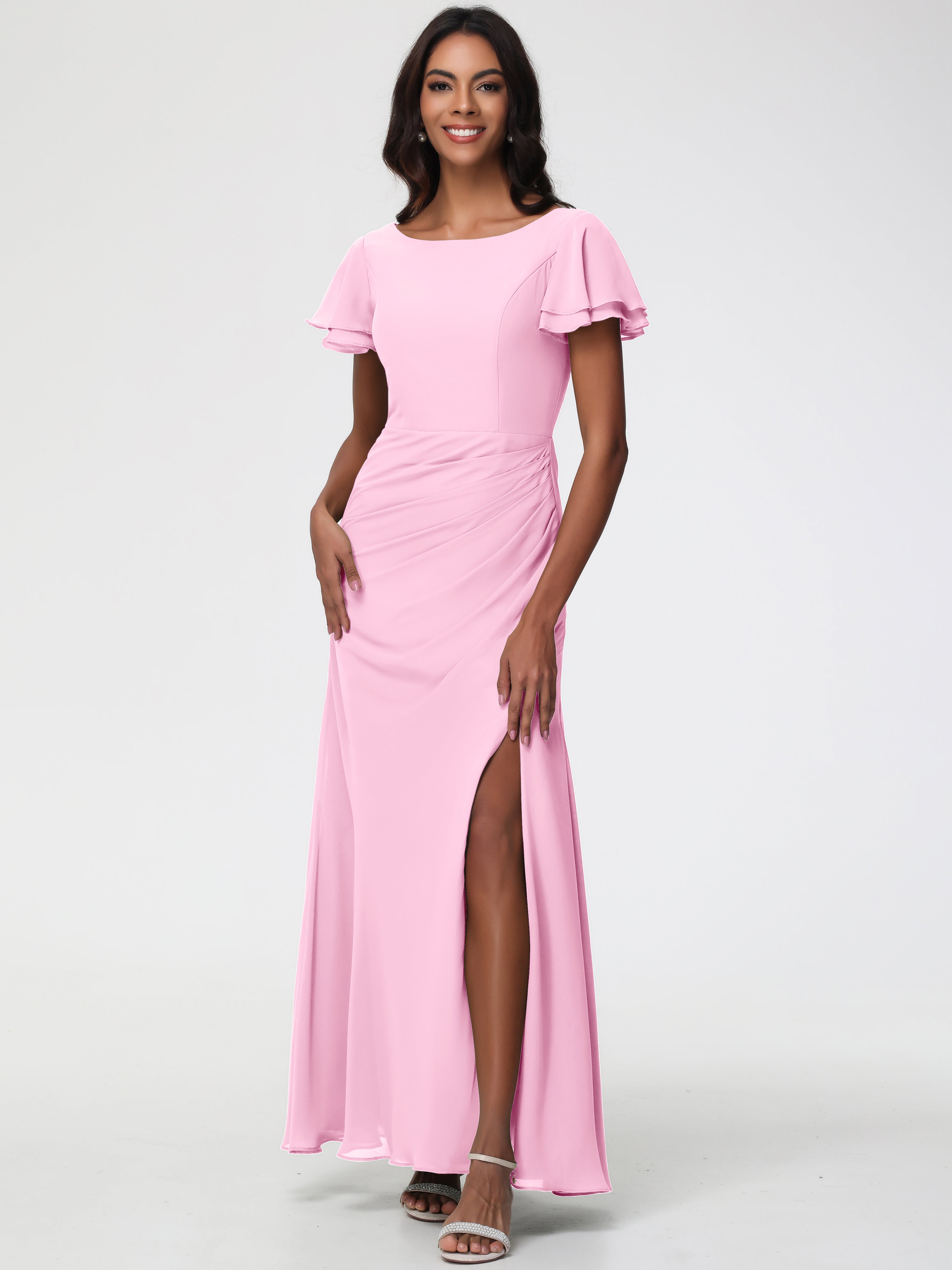 Candy Pink Bridesmaid Dress Chic Bateau Neckline Ruffle Short Sleeves Sheath/Column Chiffon Bridesmaid Dress with Slit Candy Pink Bridesmaid Dress Chic Bateau Neckline Ruffle Short Sleeves Sheath/Column Chiffon Bridesmaid Dress with Slit