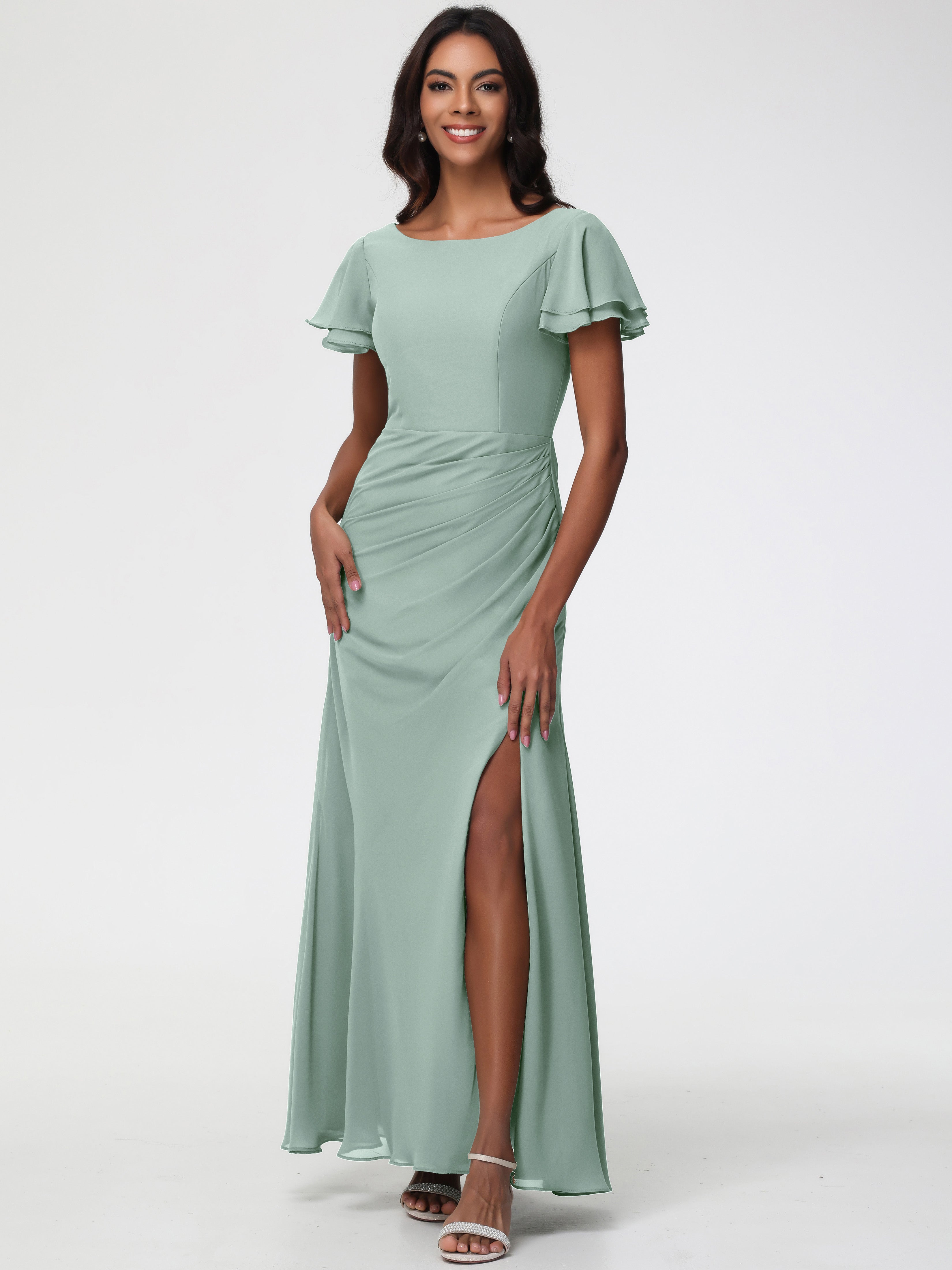 Celadon Green Bridesmaid Dresses Chic Bateau Neckline Ruffle Short Sleeves Sheath/Column Chiffon Bridesmaid Dress with Slit Celadon Green Bridesmaid Dresses Chic Bateau Neckline Ruffle Short Sleeves Sheath/Column Chiffon Bridesmaid Dress with Slit