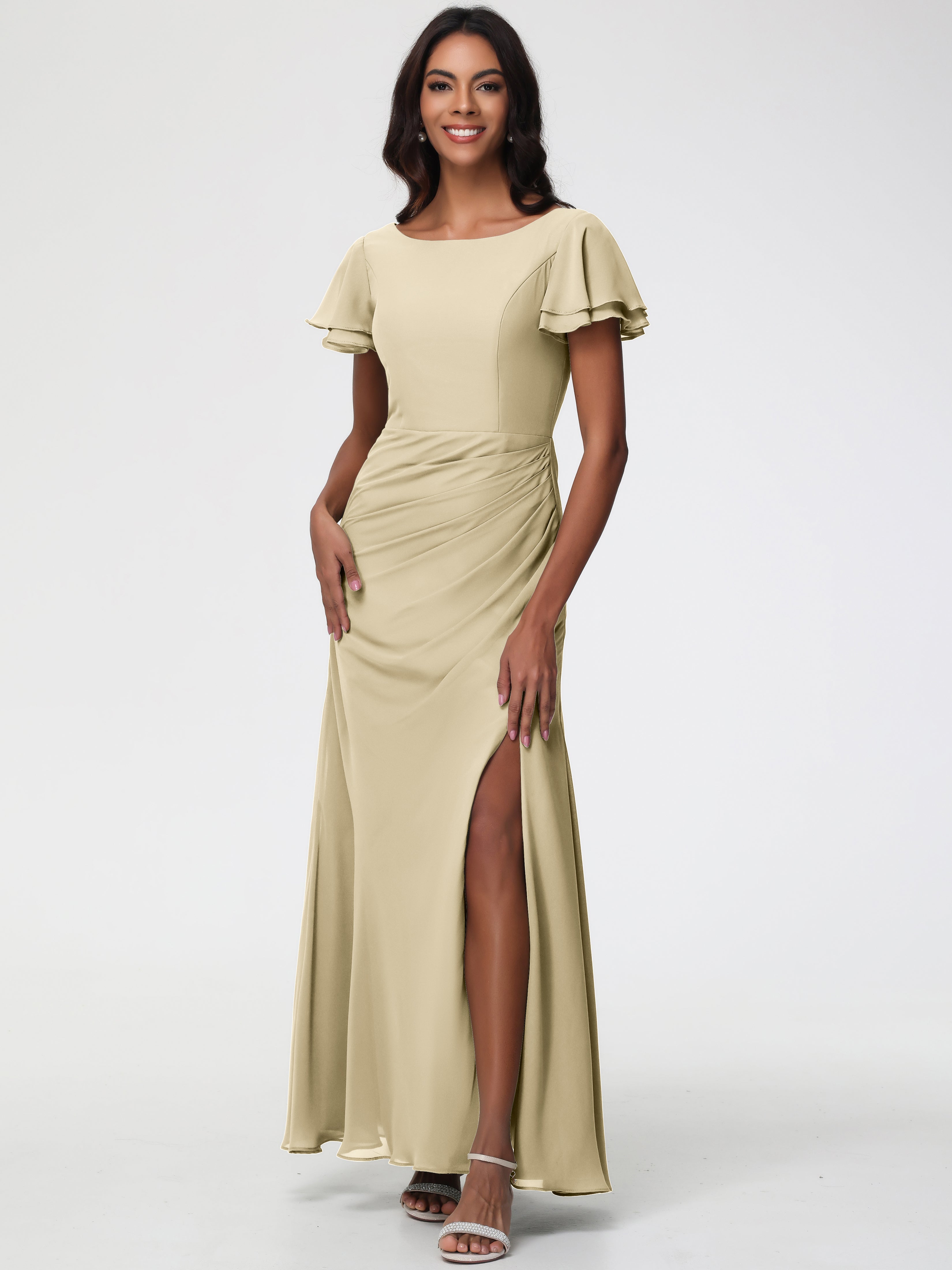 Bridesmaid Dresses Champagne Chic Bateau Neckline Ruffle Short Sleeves Sheath/Column Chiffon Bridesmaid Dress with Slit Bridesmaid Dresses Champagne Chic Bateau Neckline Ruffle Short Sleeves Sheath/Column Chiffon Bridesmaid Dress with Slit