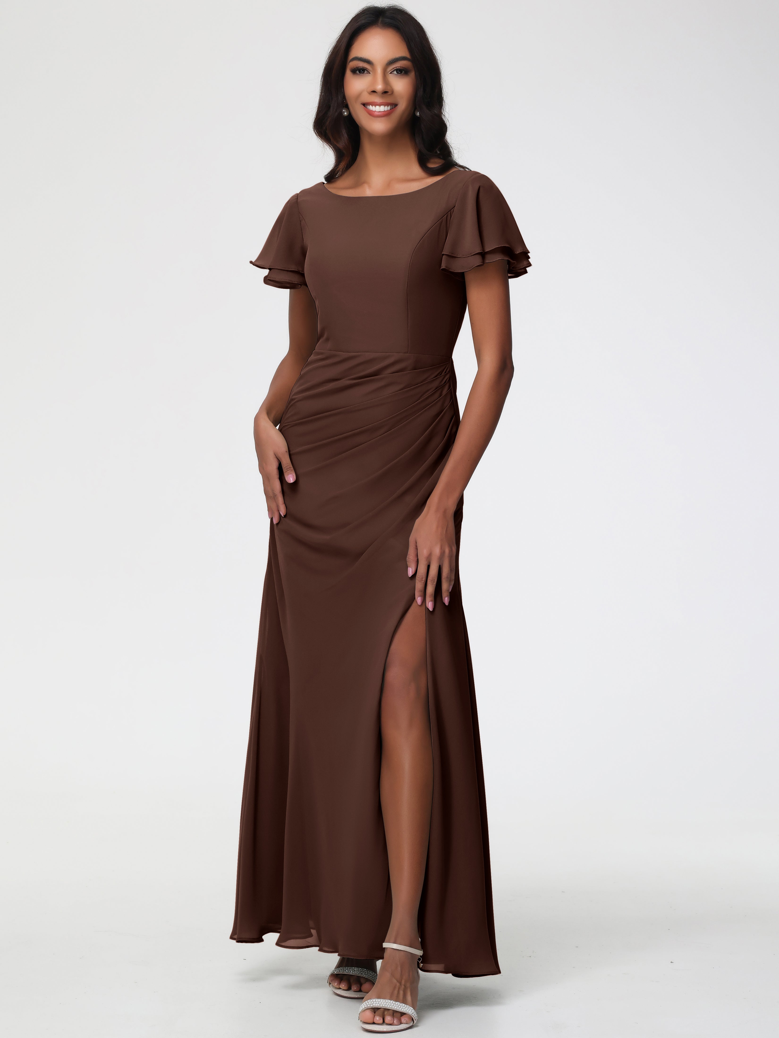 Chocolate Bridesmaid Dresses Chic Bateau Neckline Ruffle Short Sleeves Sheath/Column Chiffon Bridesmaid Dress with Slit Chocolate Bridesmaid Dresses Chic Bateau Neckline Ruffle Short Sleeves Sheath/Column Chiffon Bridesmaid Dress with Slit