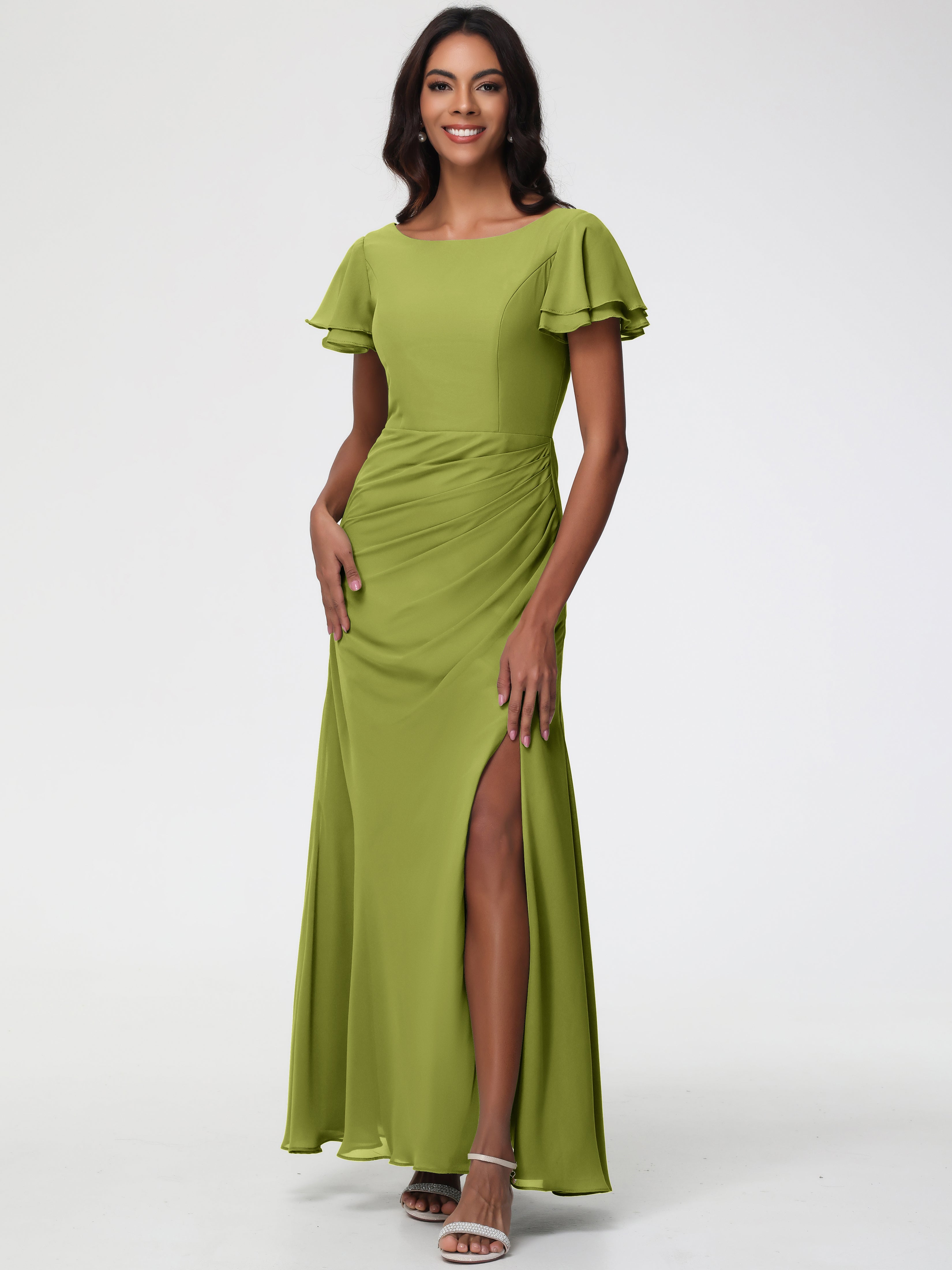 Clover Green Bridesmaid Dresses Chic Bateau Neckline Ruffle Short Sleeves Sheath/Column Chiffon Bridesmaid Dress with Slit Clover Green Bridesmaid Dresses Chic Bateau Neckline Ruffle Short Sleeves Sheath/Column Chiffon Bridesmaid Dress with Slit