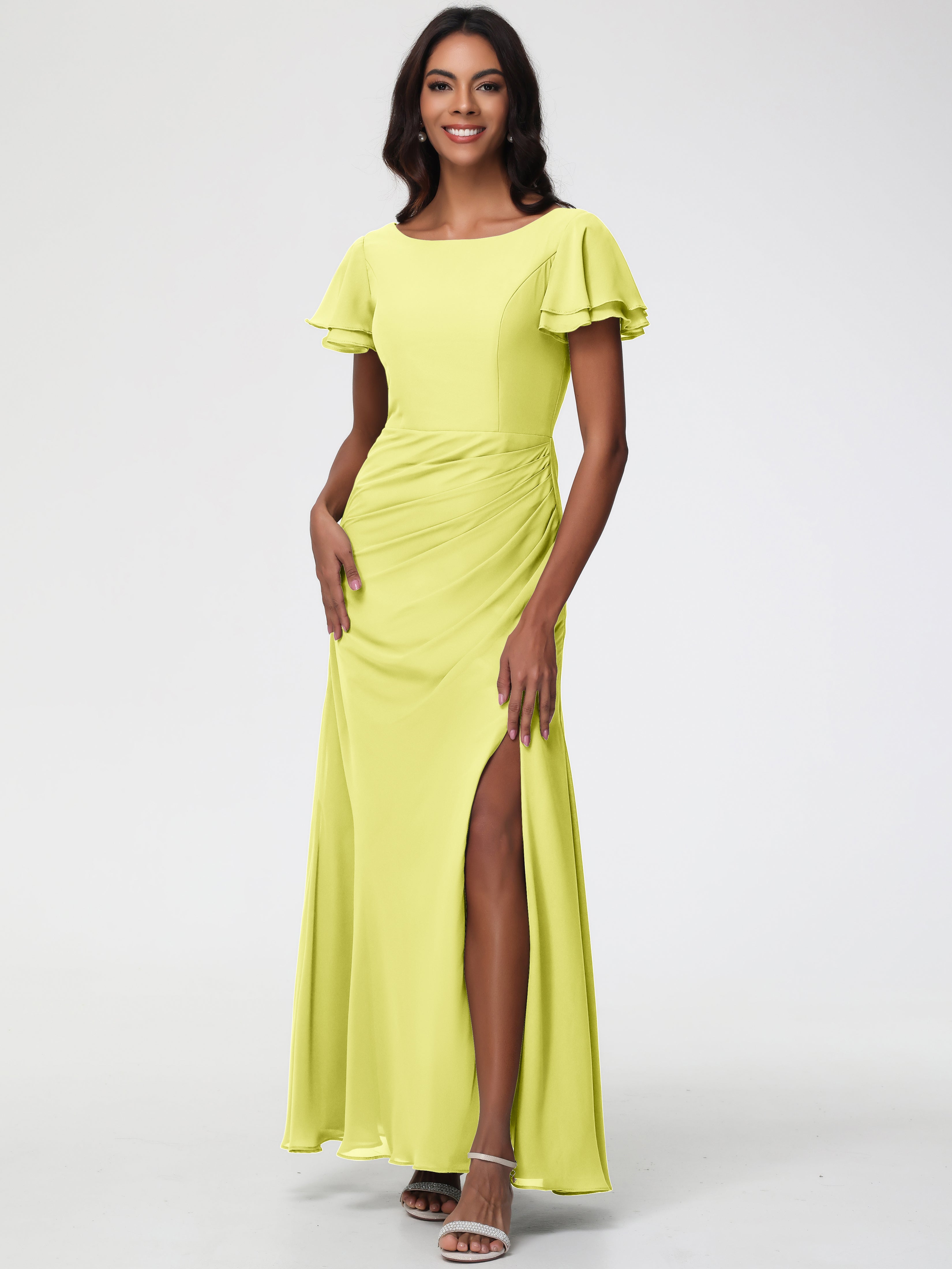 Daffodil Yellow Bridesmaid Dresses Chic Bateau Neckline Ruffle Short Sleeves Sheath/Column Chiffon Bridesmaid Dress with Slit Daffodil Yellow Bridesmaid Dresses Chic Bateau Neckline Ruffle Short Sleeves Sheath/Column Chiffon Bridesmaid Dress with Slit