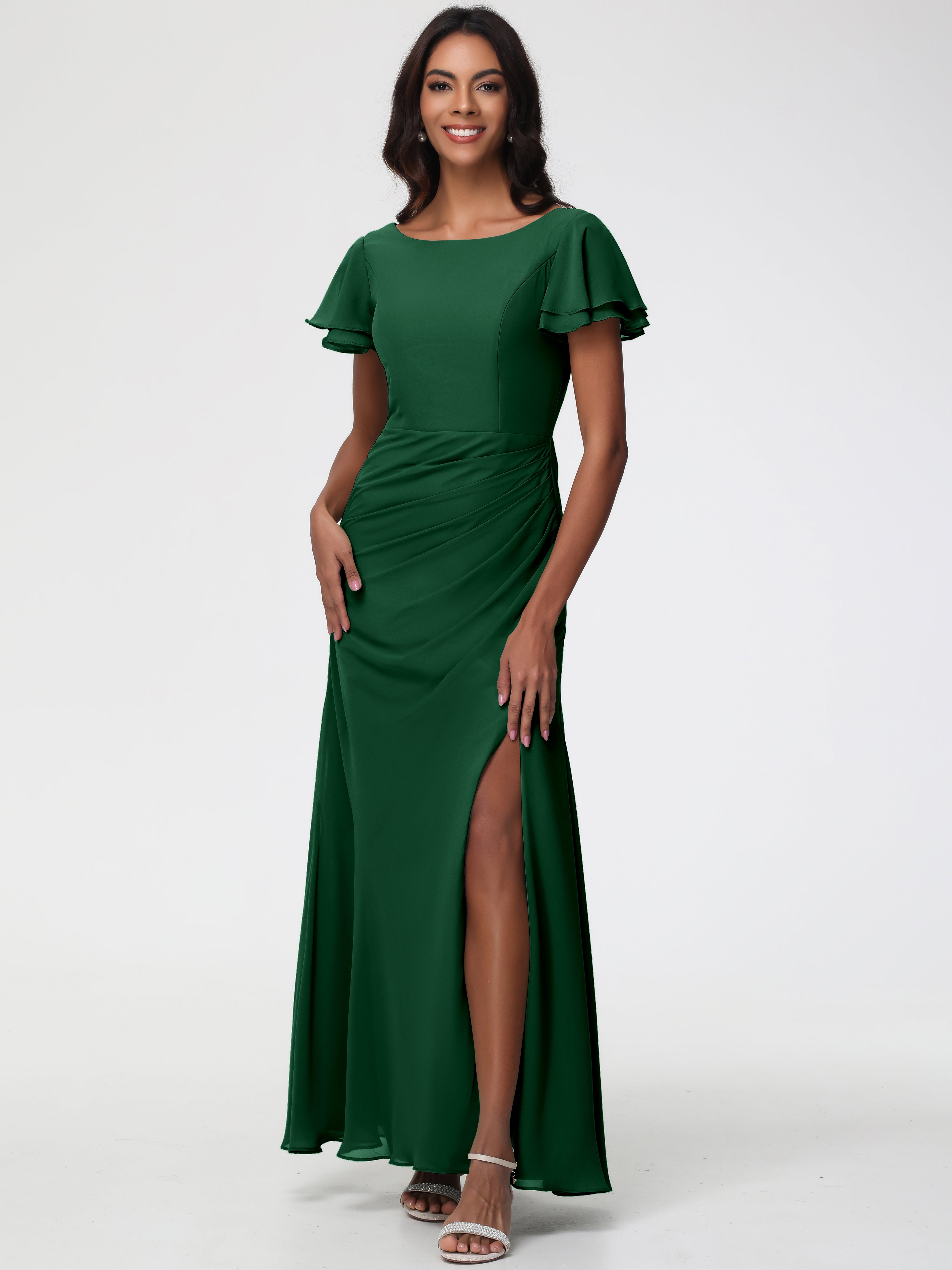 Dark Green Bridesmaid Dress Chic Bateau Neckline Ruffle Short Sleeves Sheath/Column Chiffon Bridesmaid Dress with Slit Dark Green Bridesmaid Dress Chic Bateau Neckline Ruffle Short Sleeves Sheath/Column Chiffon Bridesmaid Dress with Slit