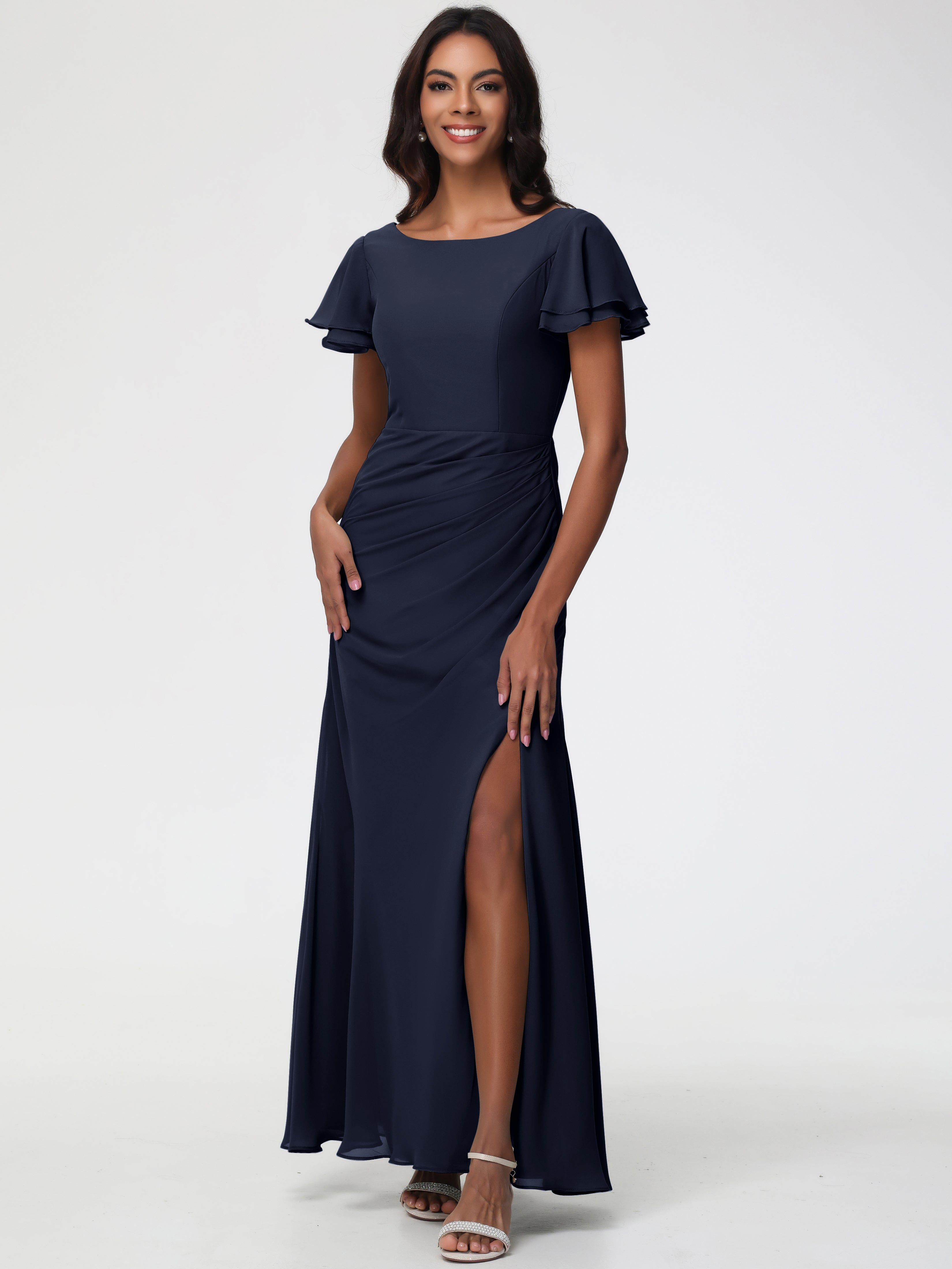 Dark Navy Bridesmaid Dress Chic Bateau Neckline Ruffle Short Sleeves Sheath/Column Chiffon Bridesmaid Dress with Slit Dark Navy Bridesmaid Dress Chic Bateau Neckline Ruffle Short Sleeves Sheath/Column Chiffon Bridesmaid Dress with Slit