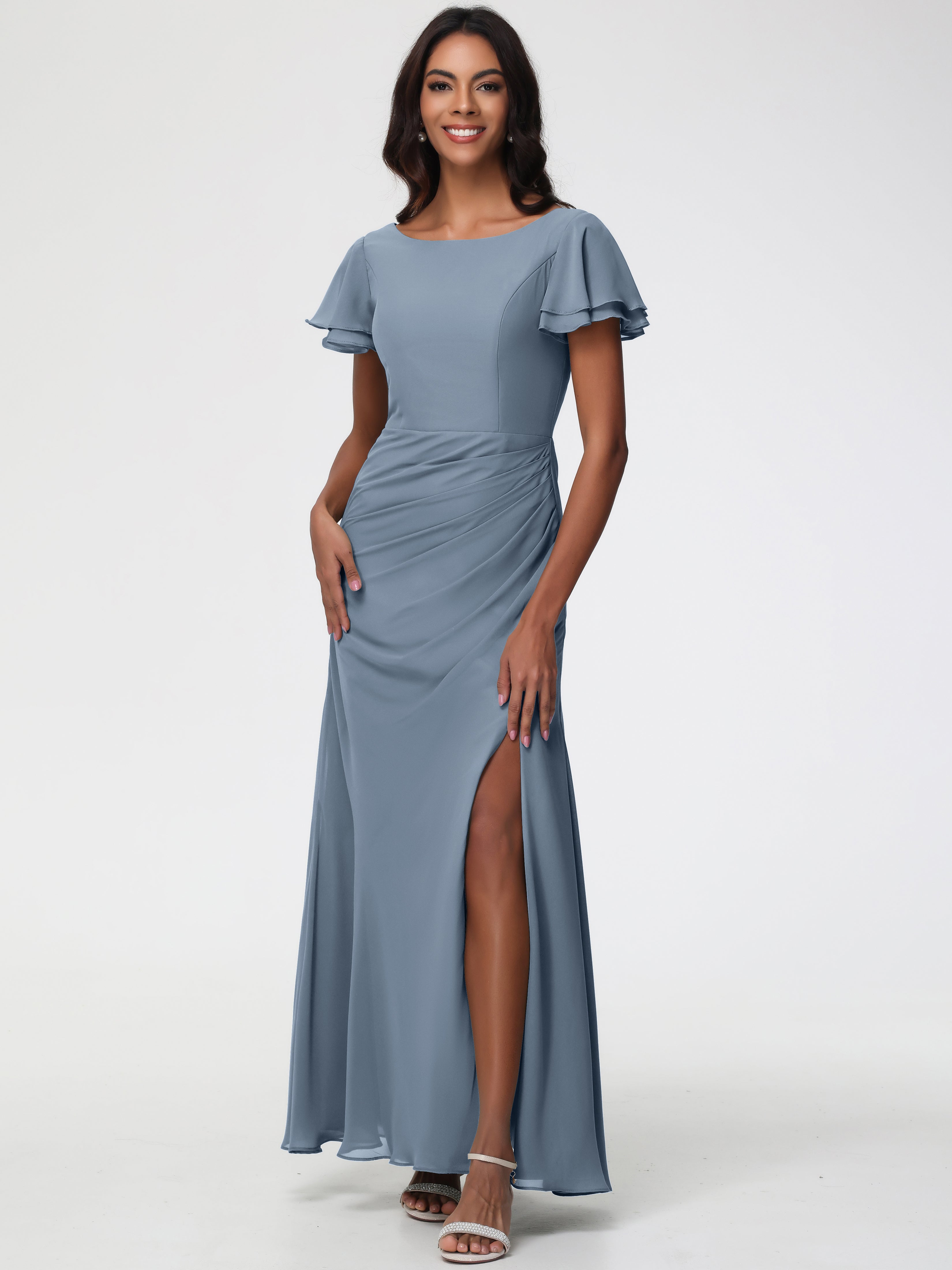 Dusty Blue Bridesmaid Dresses Chic Bateau Neckline Ruffle Short Sleeves Sheath/Column Chiffon Bridesmaid Dress with Slit Dusty Blue Bridesmaid Dresses Chic Bateau Neckline Ruffle Short Sleeves Sheath/Column Chiffon Bridesmaid Dress with Slit