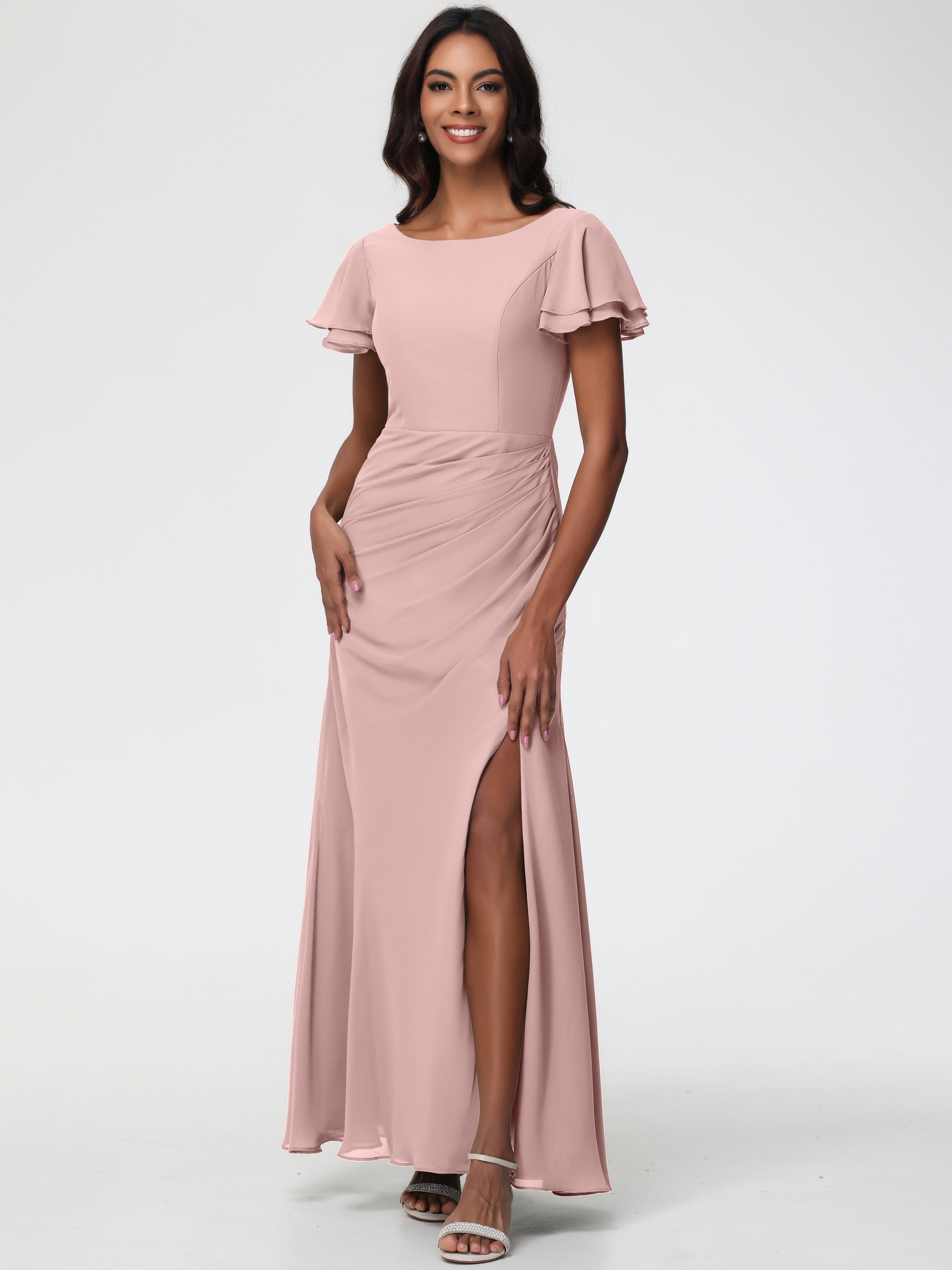 Dusty Rose Bridesmaid Dresses Chic Bateau Neckline Ruffle Short Sleeves Sheath/Column Chiffon Bridesmaid Dress with Slit Dusty Rose Bridesmaid Dresses Chic Bateau Neckline Ruffle Short Sleeves Sheath/Column Chiffon Bridesmaid Dress with Slit